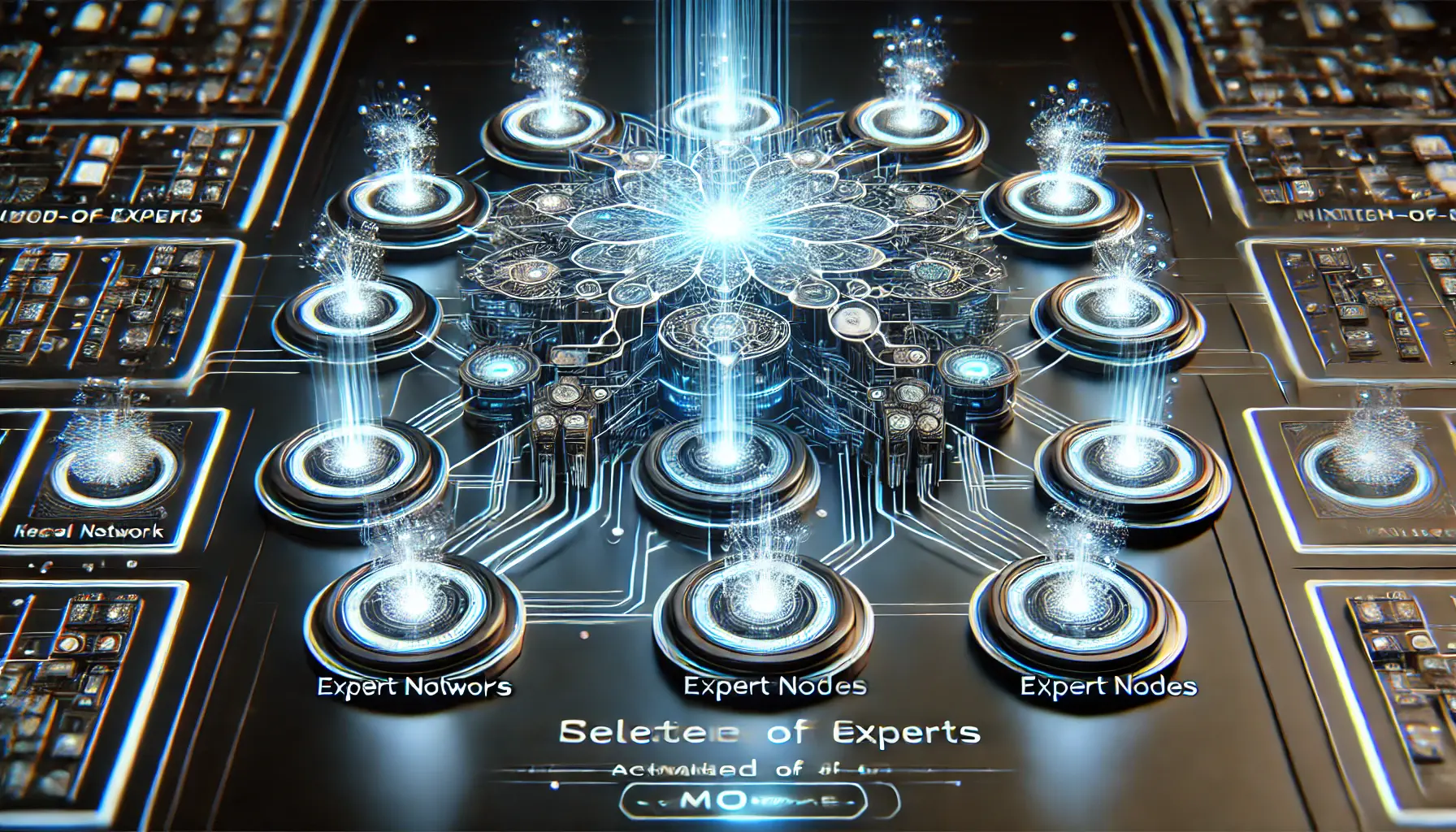 A futuristic AI system visualizing the Mixture-of-Experts (MoE) architecture, with multiple glowing expert nodes activated for specific tasks.