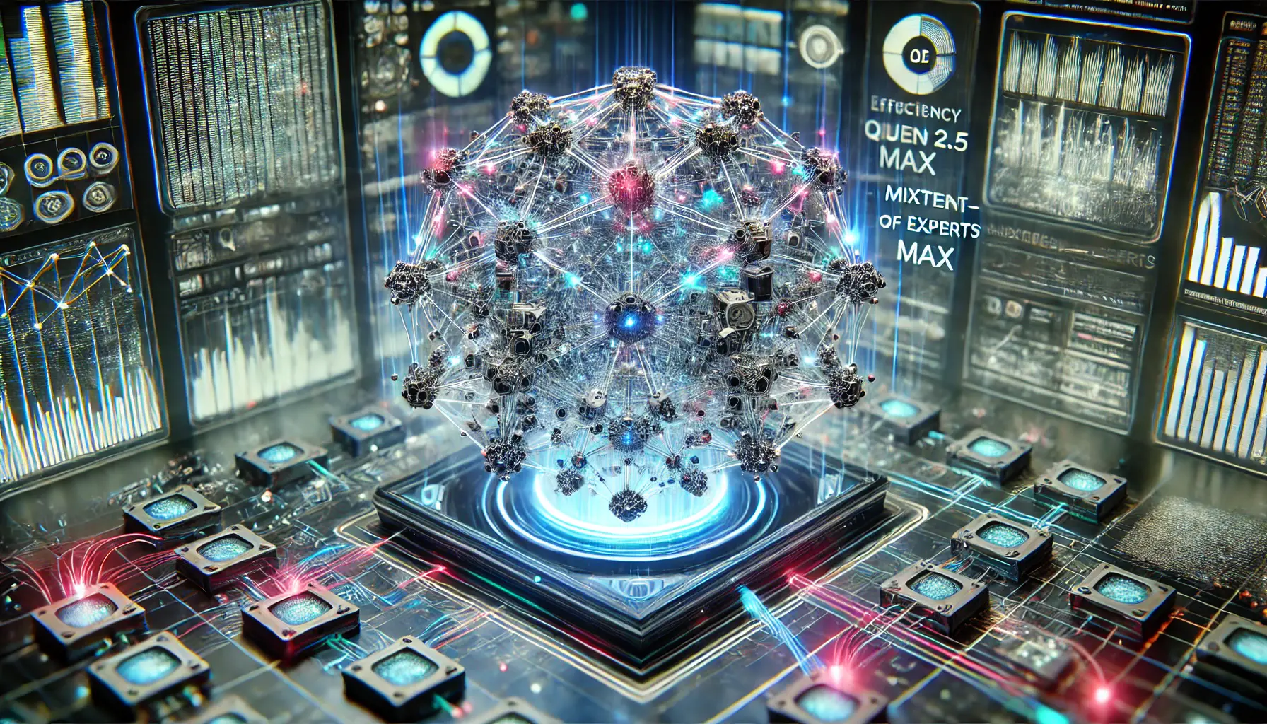 A futuristic visualization of the Mixture-of-Experts (MoE) structure in Qwen 2.5 Max, featuring a complex AI neural network with dynamically highlighted pathways.