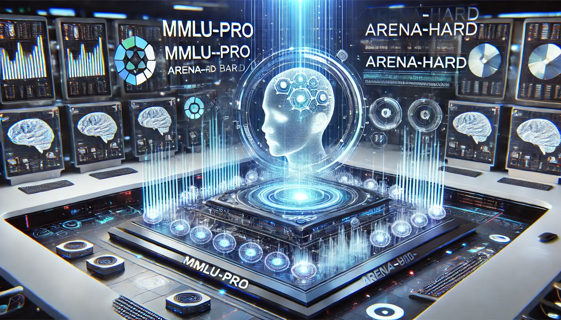 A high-tech AI testing environment showcasing digital displays of performance metrics for the MMLU-Pro and Arena-Hard benchmarks.