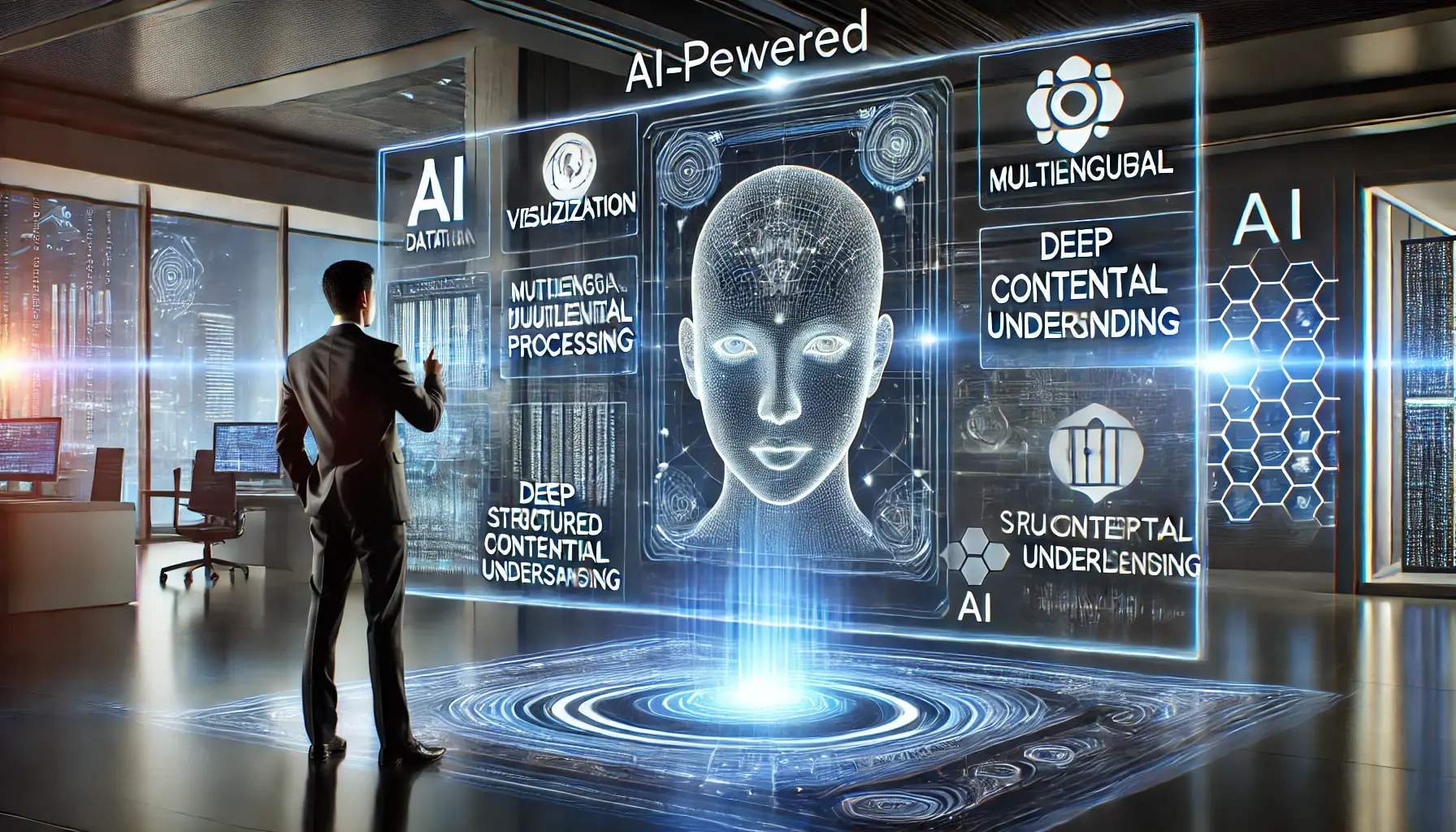 A futuristic AI-powered interface showcasing key features of an advanced AI model, including data visualization, multilingual processing, and structured data analysis.