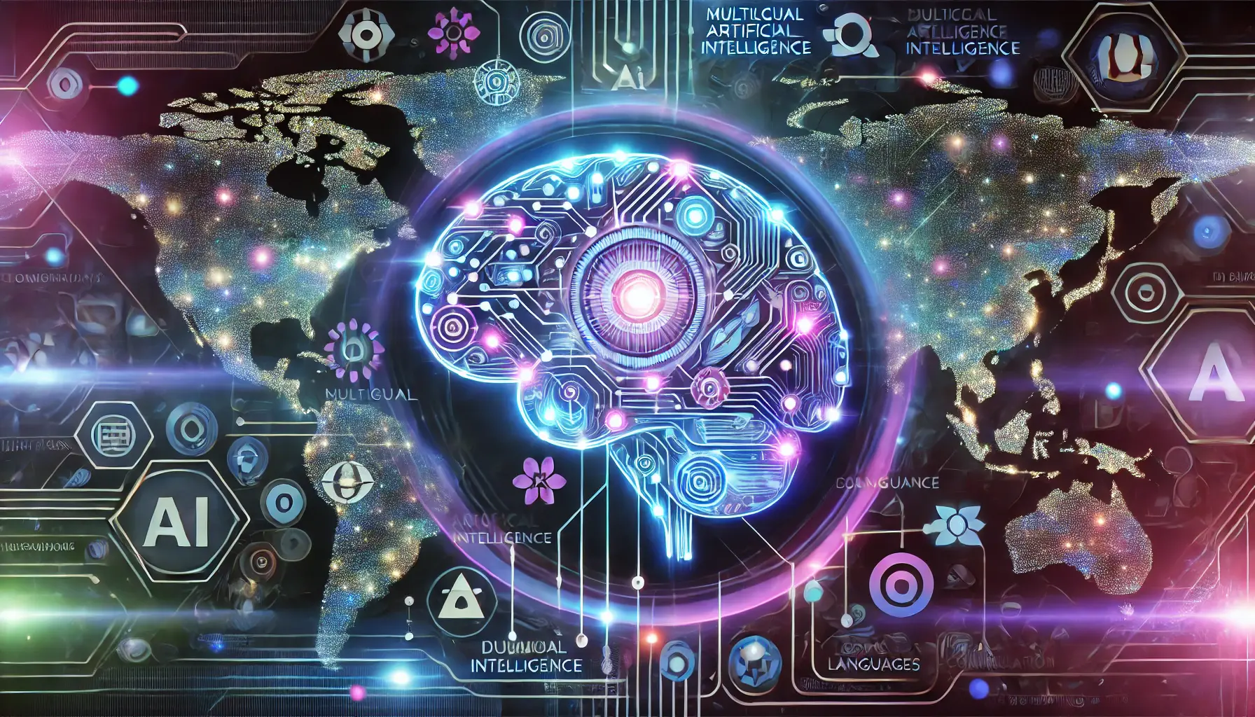 A glowing digital brain with interconnected neural networks, symbolizing a multilingual artificial intelligence model. The background features a world map with illuminated nodes, representing global communication.