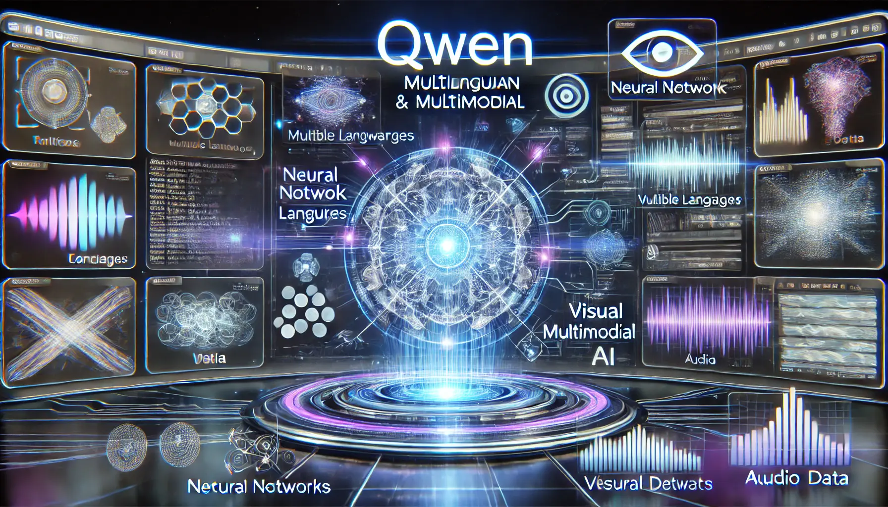 Futuristic digital interface showing Qwen’s multilingual and multimodal capabilities with holographic representations of text, visual data, and audio waves.