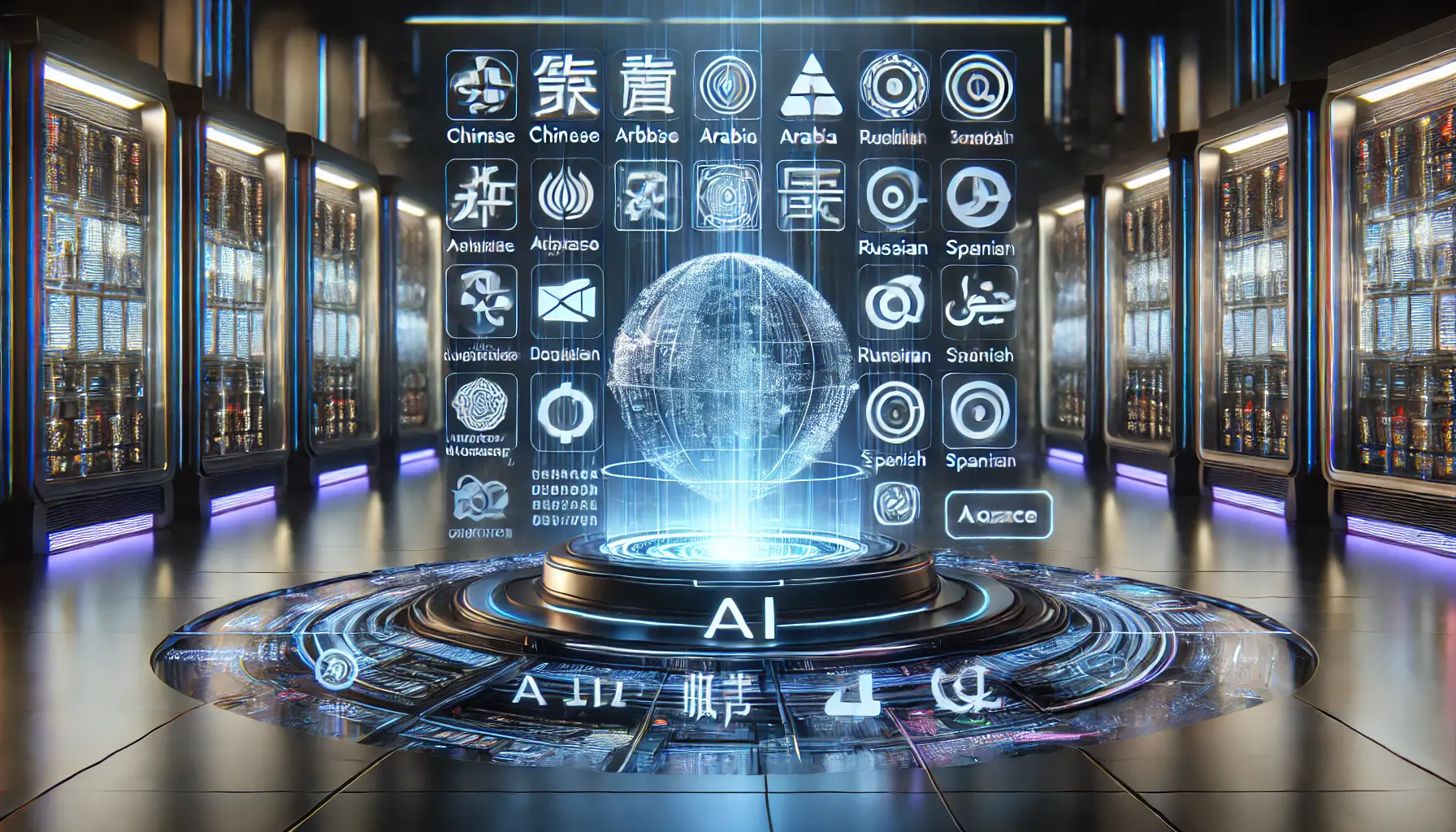 A futuristic data processing center with advanced AI systems handling multilingual datasets, displaying various symbols and characters from languages like Chinese, Arabic, Russian, and Spanish.