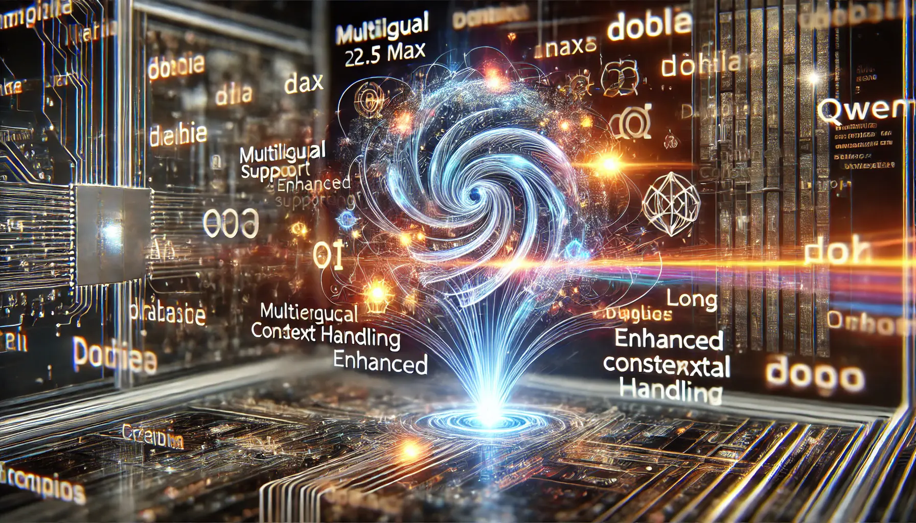 A digital representation of an AI system processing multilingual data with glowing data streams representing different languages flowing through interconnected neural networks.