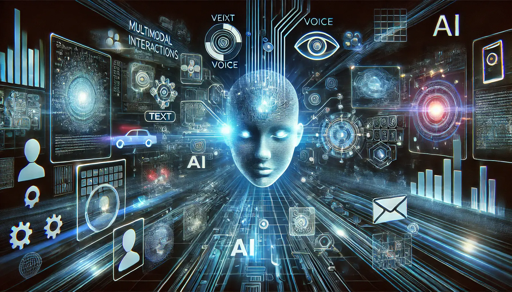 A futuristic AI interface interacting with users through text, voice, and images, with glowing data streams and dynamic holographic elements.