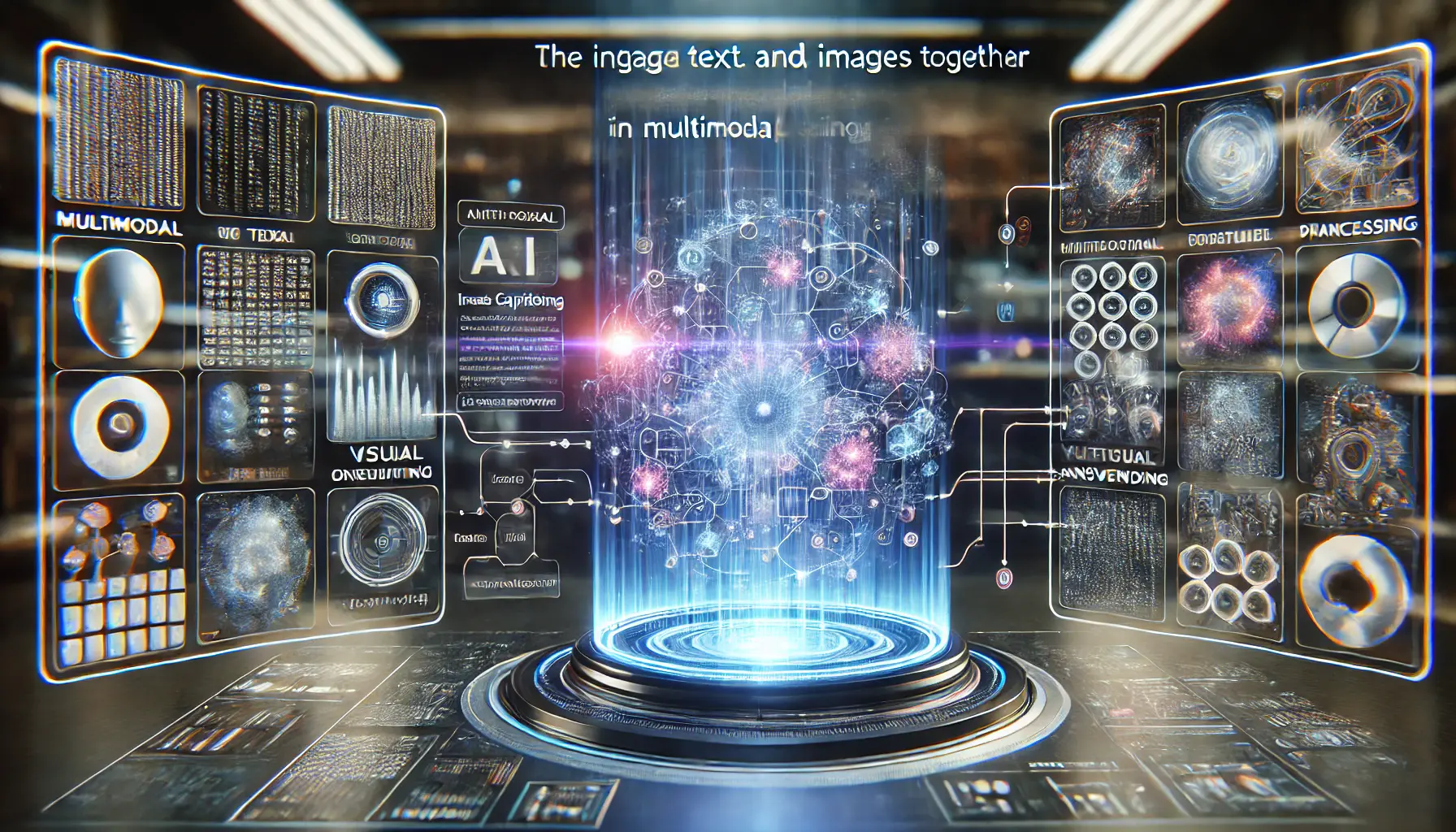 A futuristic AI interface displaying the integration of text and image data for multimodal processing, highlighting tasks like image captioning and visual question answering.