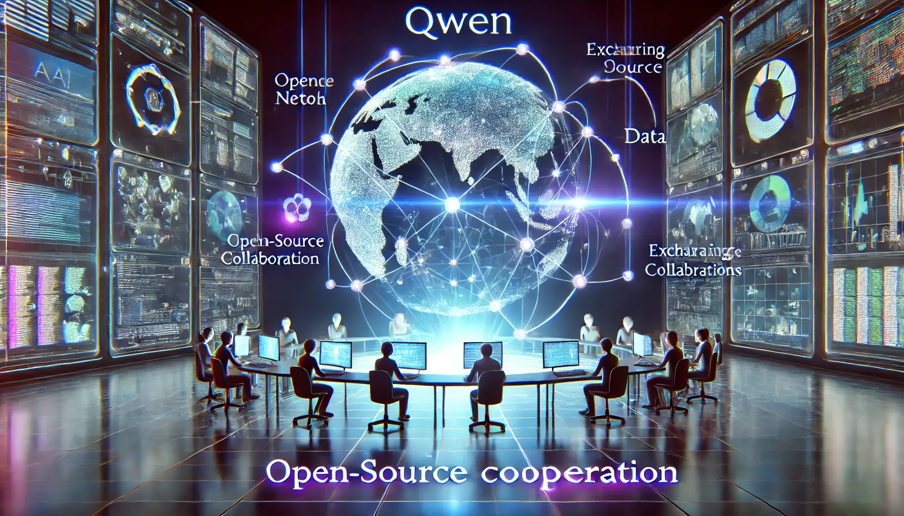 Futuristic digital environment showcasing the open-source commitment of Qwen, with a holographic network of global AI developers collaborating.