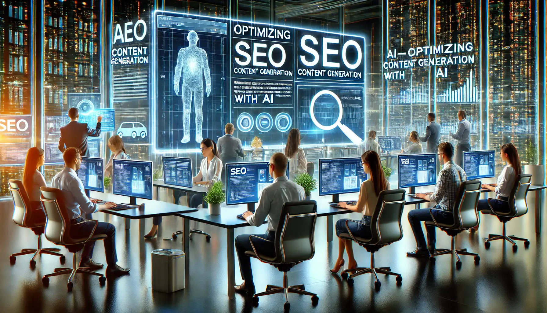 A modern office environment where professionals optimize SEO content using advanced AI tools and analytics displayed on holographic screens.