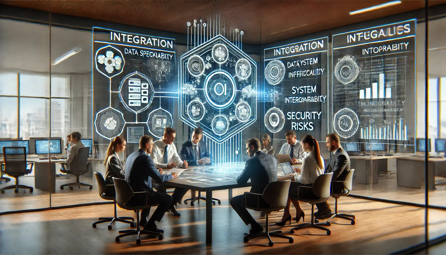 IT specialists and business leaders discussing solutions to AI integration challenges in a modern office, with holographic displays visualizing difficulties such as data compatibility and security risks.