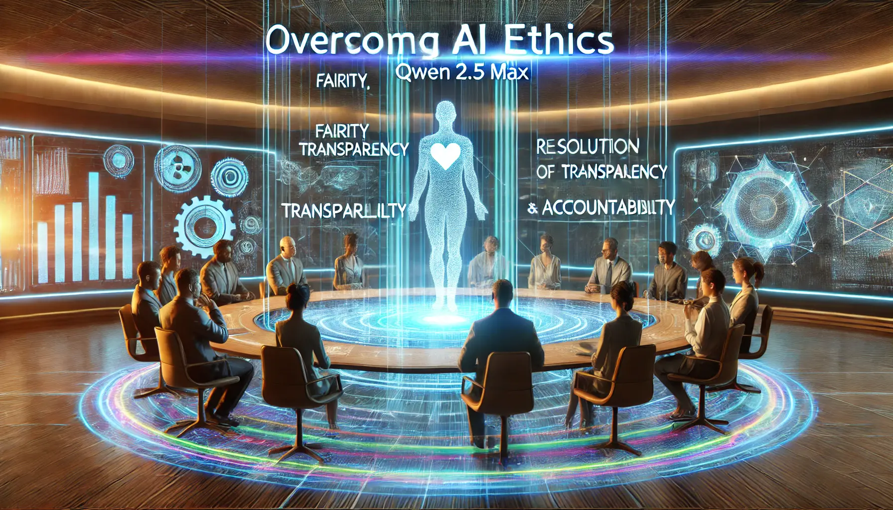 A futuristic setting where diverse experts discuss overcoming ethical challenges in AI technology, with holographic screens displaying fairness, transparency, and accountability.