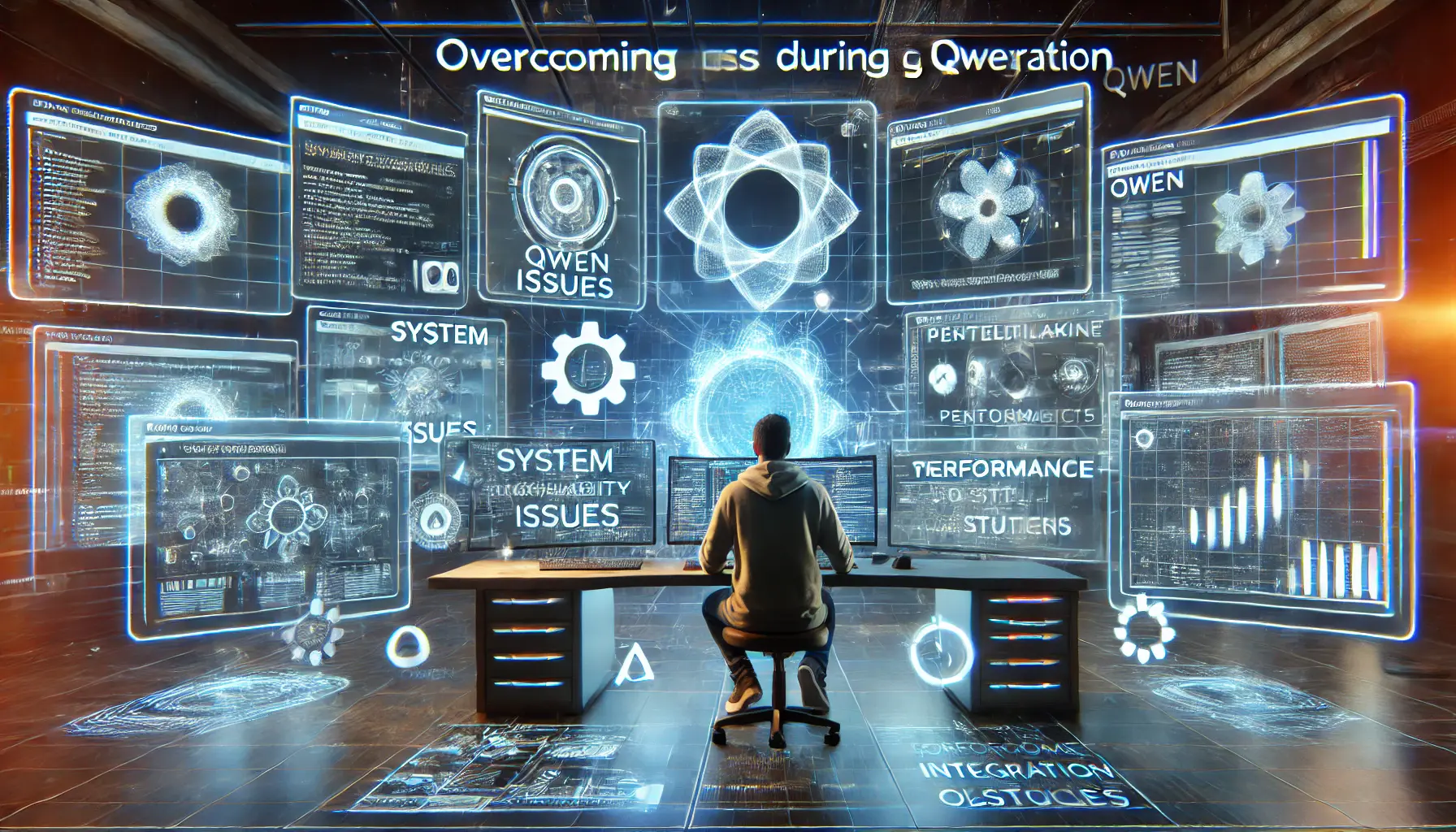 A high-tech developer workspace showing a developer overcoming Qwen integration challenges, with digital screens displaying system errors, compatibility issues, and performance bottlenecks.