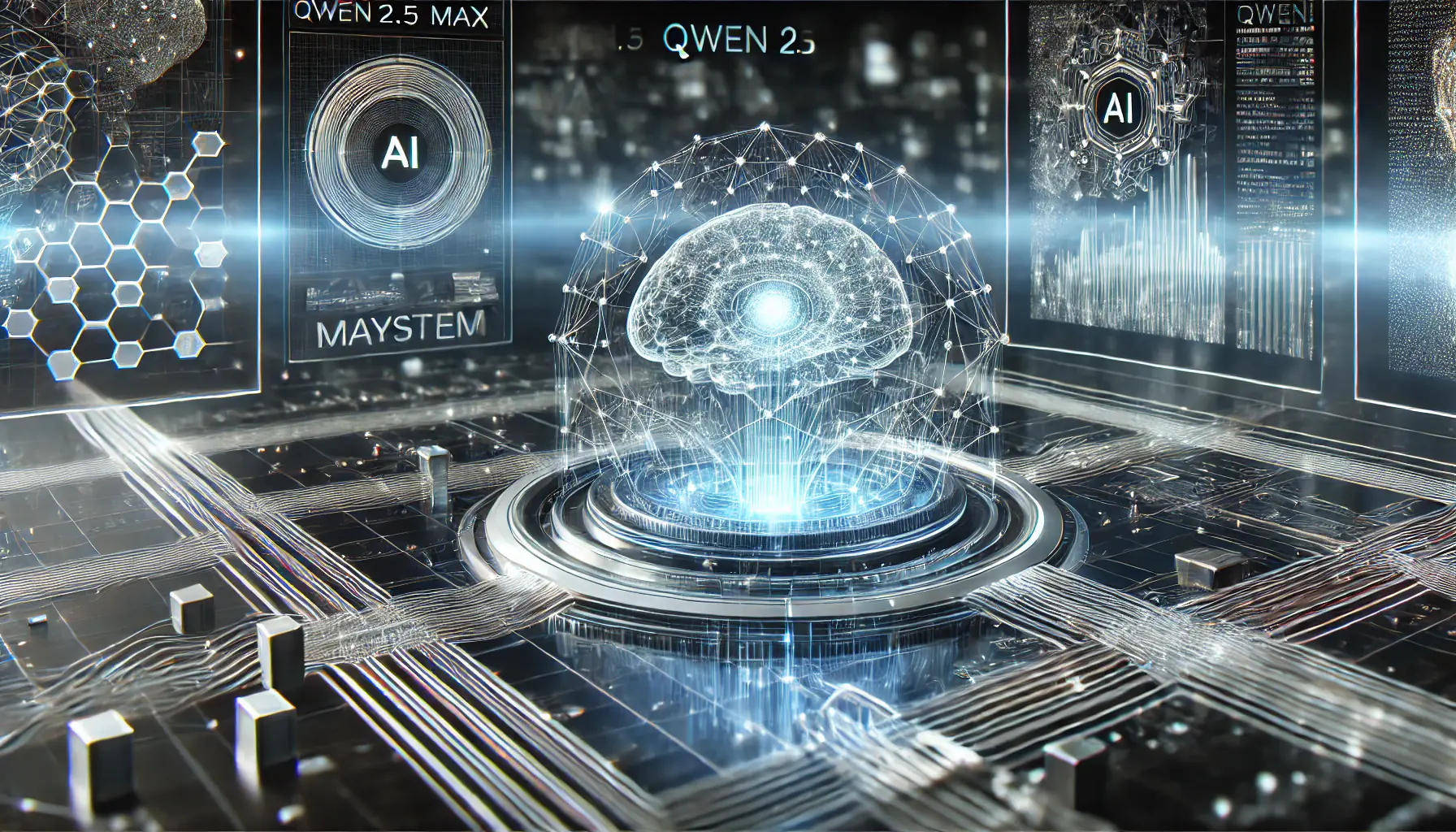 A futuristic AI model processing complex data with a glowing neural network and interconnected nodes, symbolizing the Qwen 2.5 Max system.