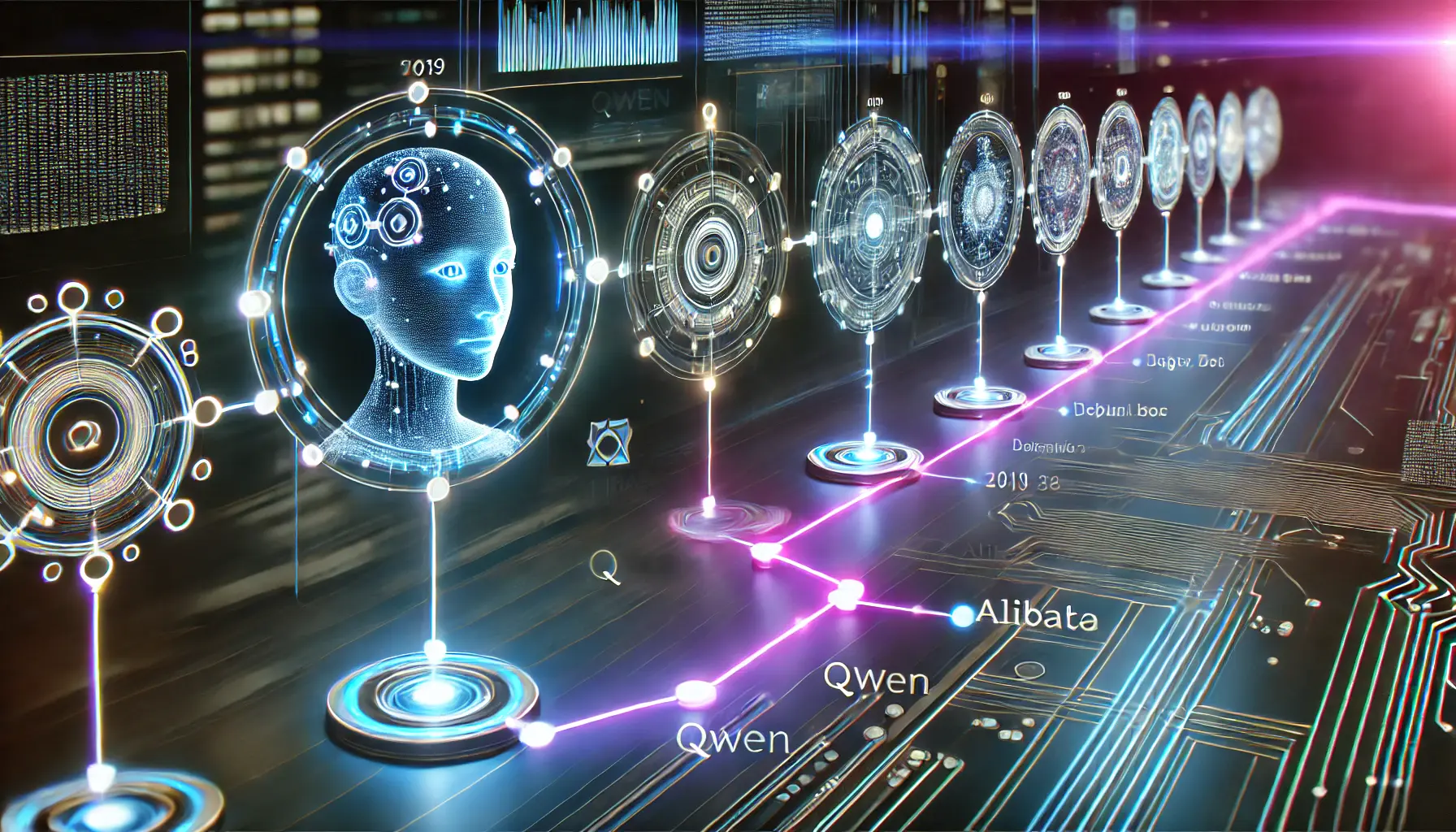 Futuristic digital timeline showing the evolution of Qwen, featuring glowing data nodes connected by a high-tech circuit path.