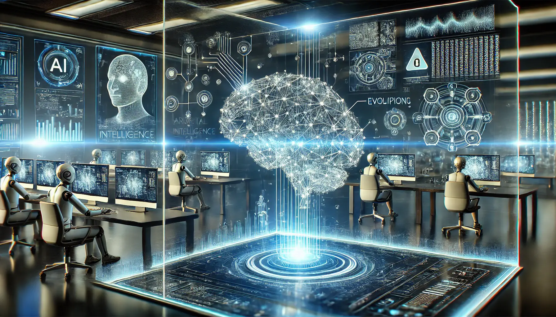 A futuristic research lab with scientists working on an advanced AI model, featuring a glowing digital brain in a holographic display with interconnected nodes and evolving algorithms.