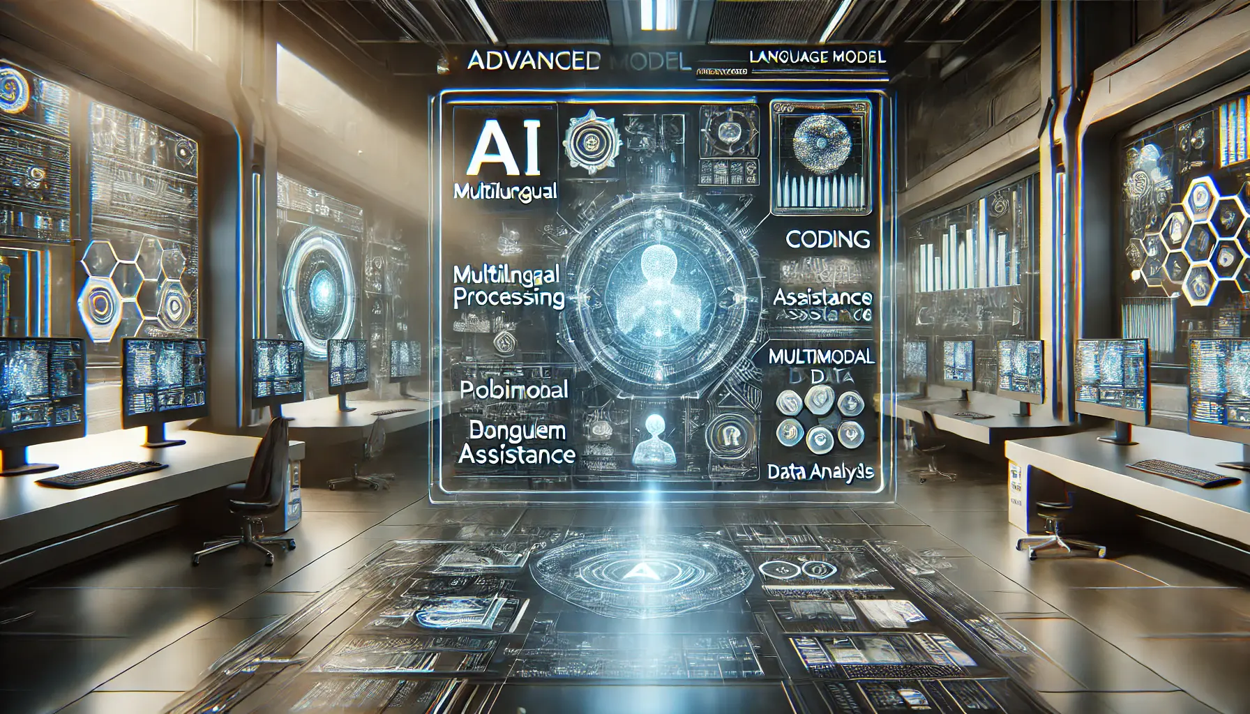 A futuristic AI-powered interface displaying key features such as multilingual processing, coding assistance, problem-solving, and multimodal data analysis.