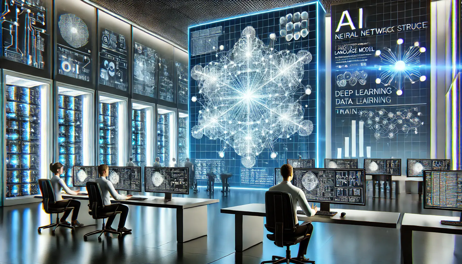 A high-tech research lab where AI scientists are developing a powerful language model. Large computer screens display complex neural network structures and deep learning algorithms. A futuristic server room in the background with glowing data nodes, symbolizing the vast dataset training process.