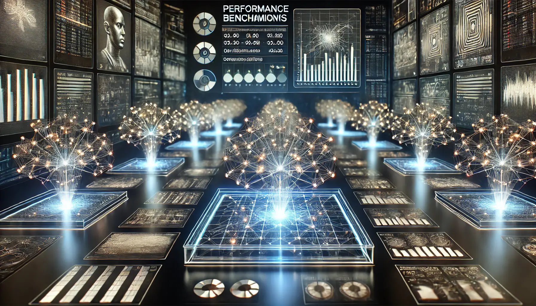 A high-tech visualization of AI performance benchmarks and comparisons, featuring multiple interconnected neural networks representing various AI models.