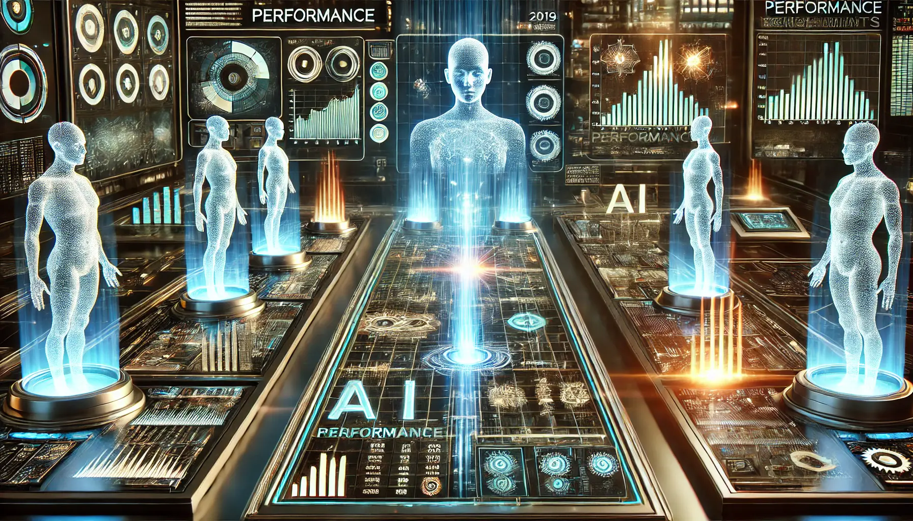 A digital visualization of performance benchmarks and comparisons between different AI models, featuring glowing data streams and digital graphs.