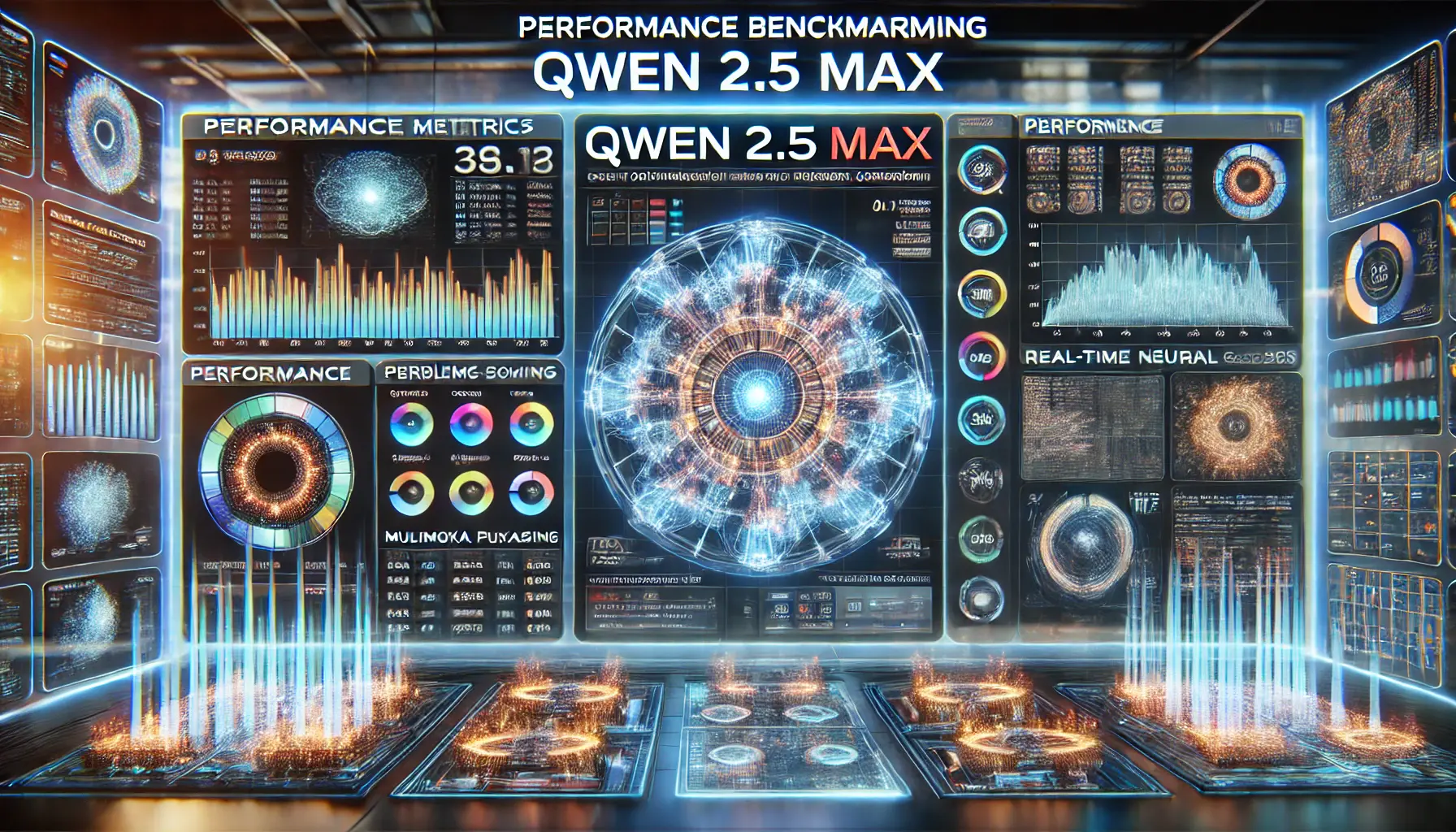 A high-tech benchmarking environment analyzing the performance of Qwen 2.5 Max and other AI models, with real-time data visualizations and performance metrics.