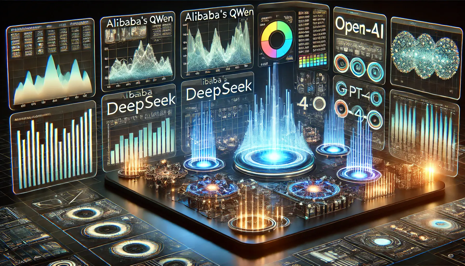 A futuristic digital display showing performance benchmarks of AI models, with glowing graphs and metrics representing Alibaba’s Qwen, DeepSeek, and OpenAI’s GPT-4o. The scene features performance comparison charts, neural network structures, and data processing visualizations in a high-tech digital workspace.