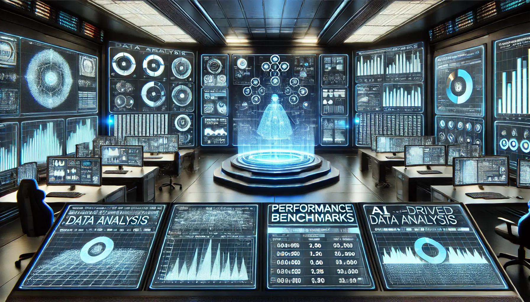 A futuristic data analysis control room displaying real-time performance metrics, graphs, and benchmark results from AI-driven data analysis tasks.