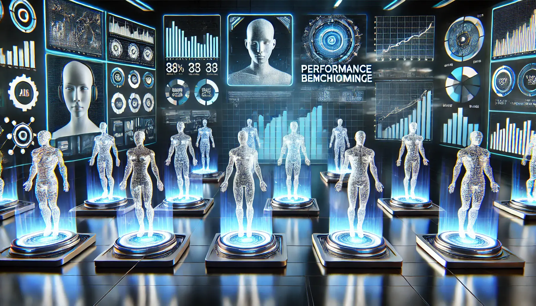 A futuristic performance benchmarking lab comparing multiple AI models with glowing entities and holographic metrics.