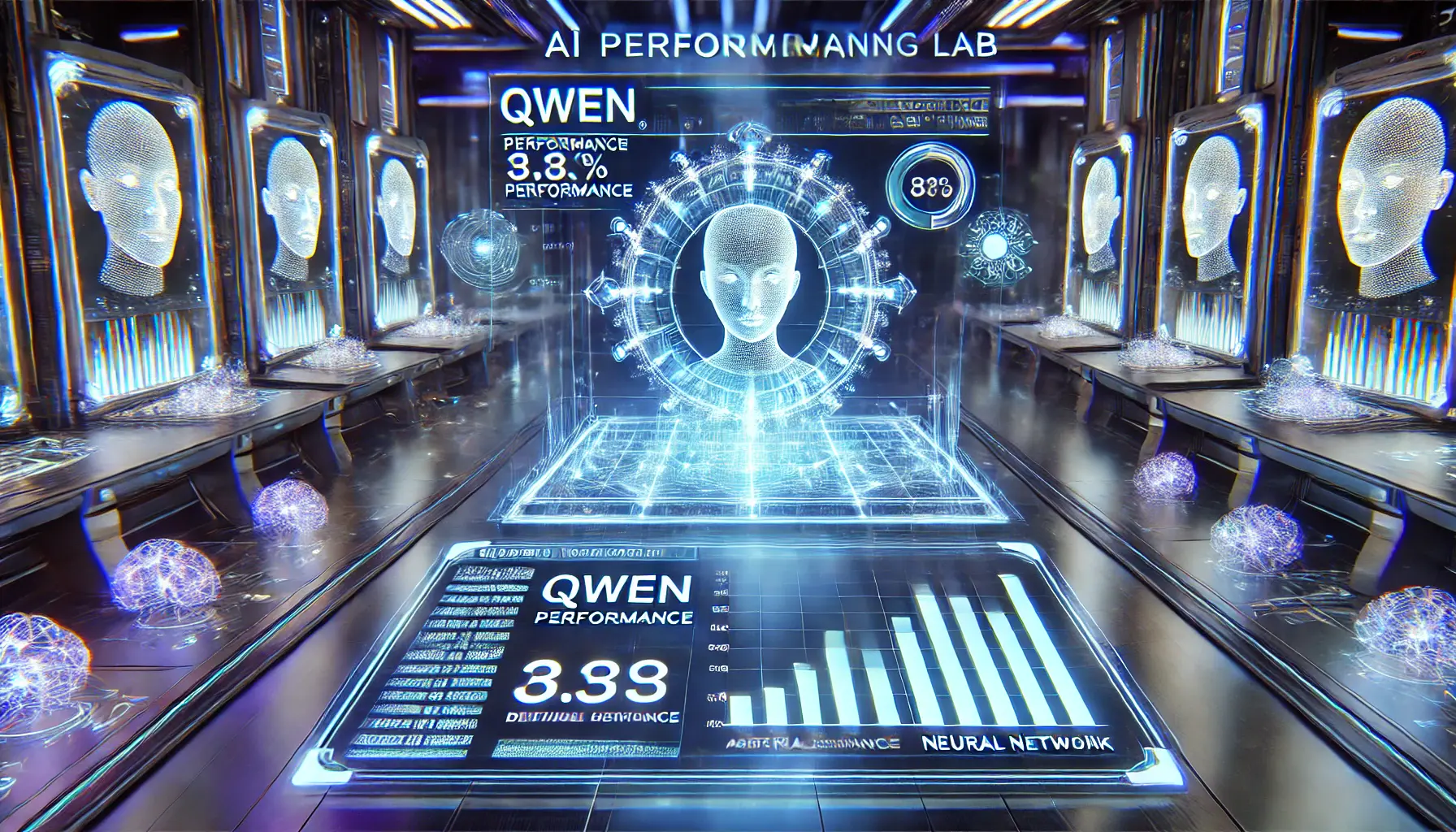 Futuristic AI benchmarking lab displaying a digital dashboard comparing Qwen’s performance with other leading AI models, featuring holographic performance graphs and neural network visualizations.