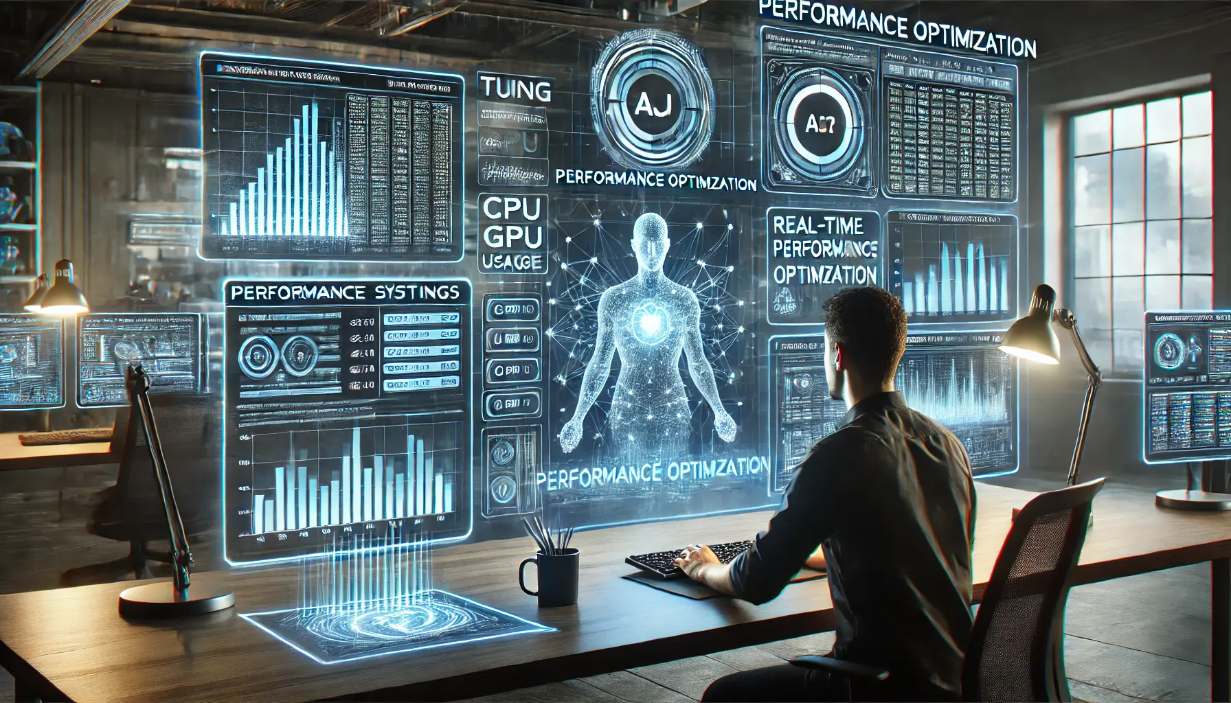 A high-tech developer workspace showing a developer optimizing performance for AI systems, with holographic displays visualizing performance metrics, CPU and GPU usage.