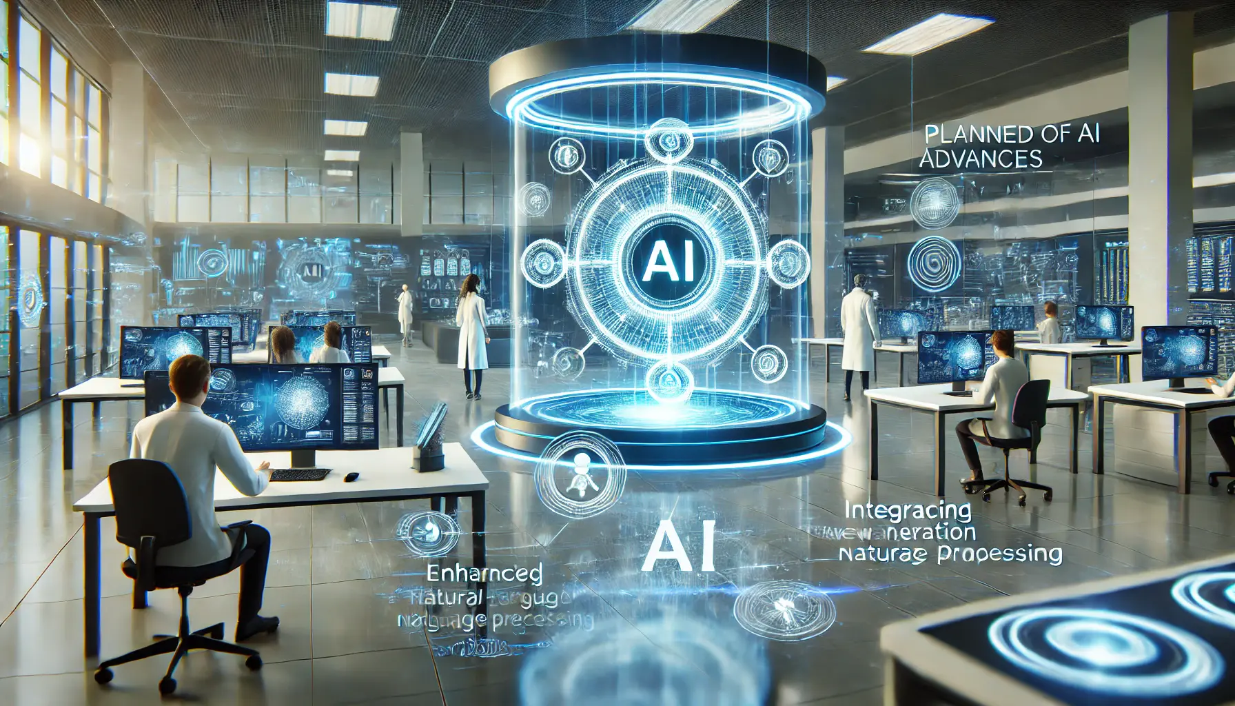 A futuristic laboratory scene showcasing planned advances in AI technology. Scientists work with holographic AI models and integrate features like video generation and enhanced language processing. Digital interfaces in the background represent the evolution of AI.