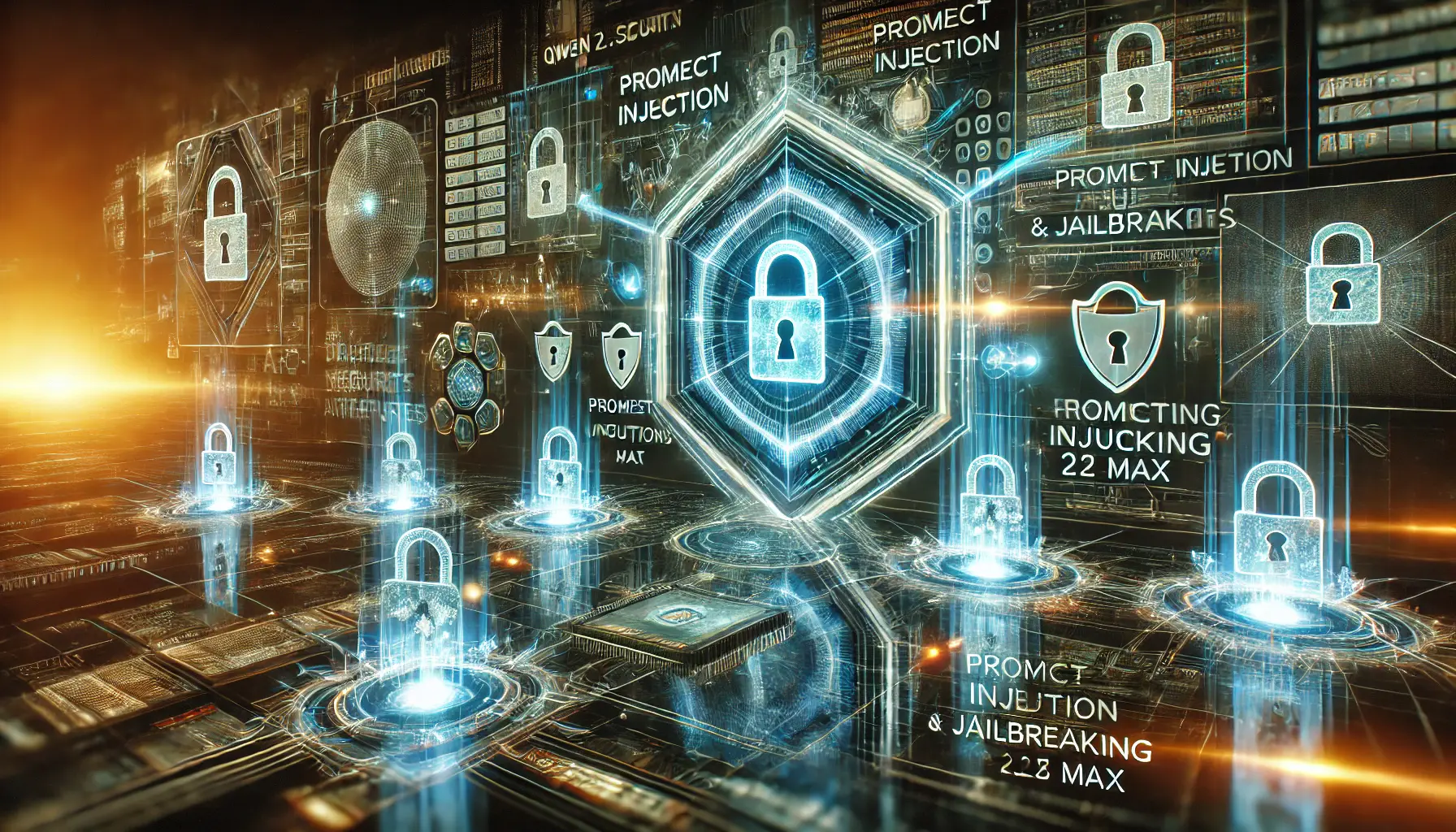 A futuristic digital environment illustrating vulnerabilities and countermeasures in Qwen 2.5 Max, with data streams and protective firewalls.