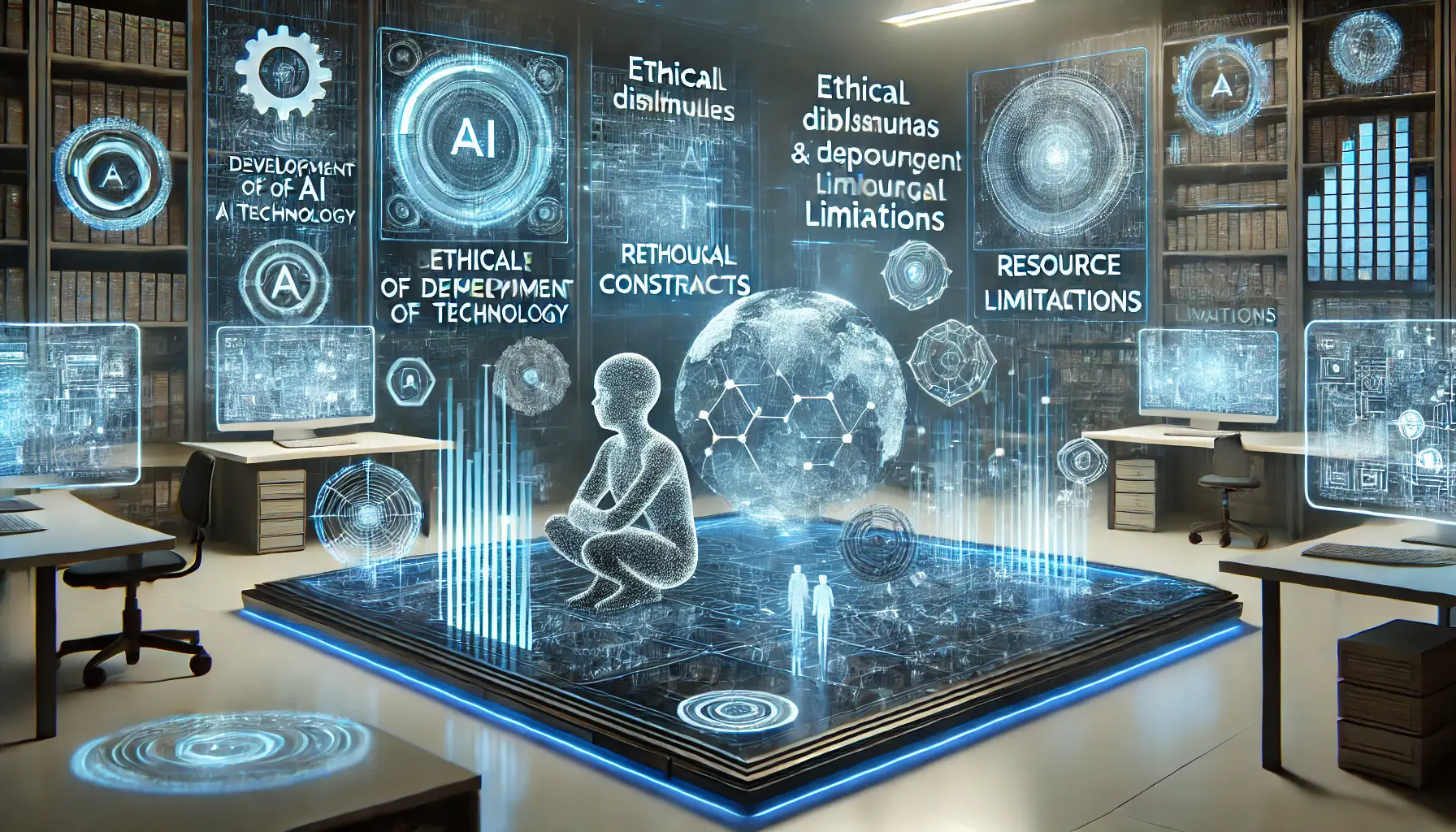 A futuristic AI lab visualizing potential challenges in AI development, including ethical dilemmas and technological limitations.