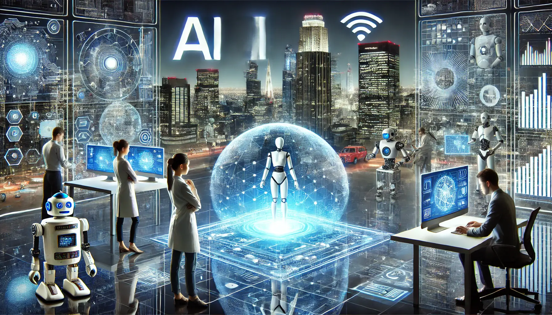 A futuristic environment where AI technologies, like Qwen, are integrated into emerging technologies such as robotics, smart devices, and augmented reality.