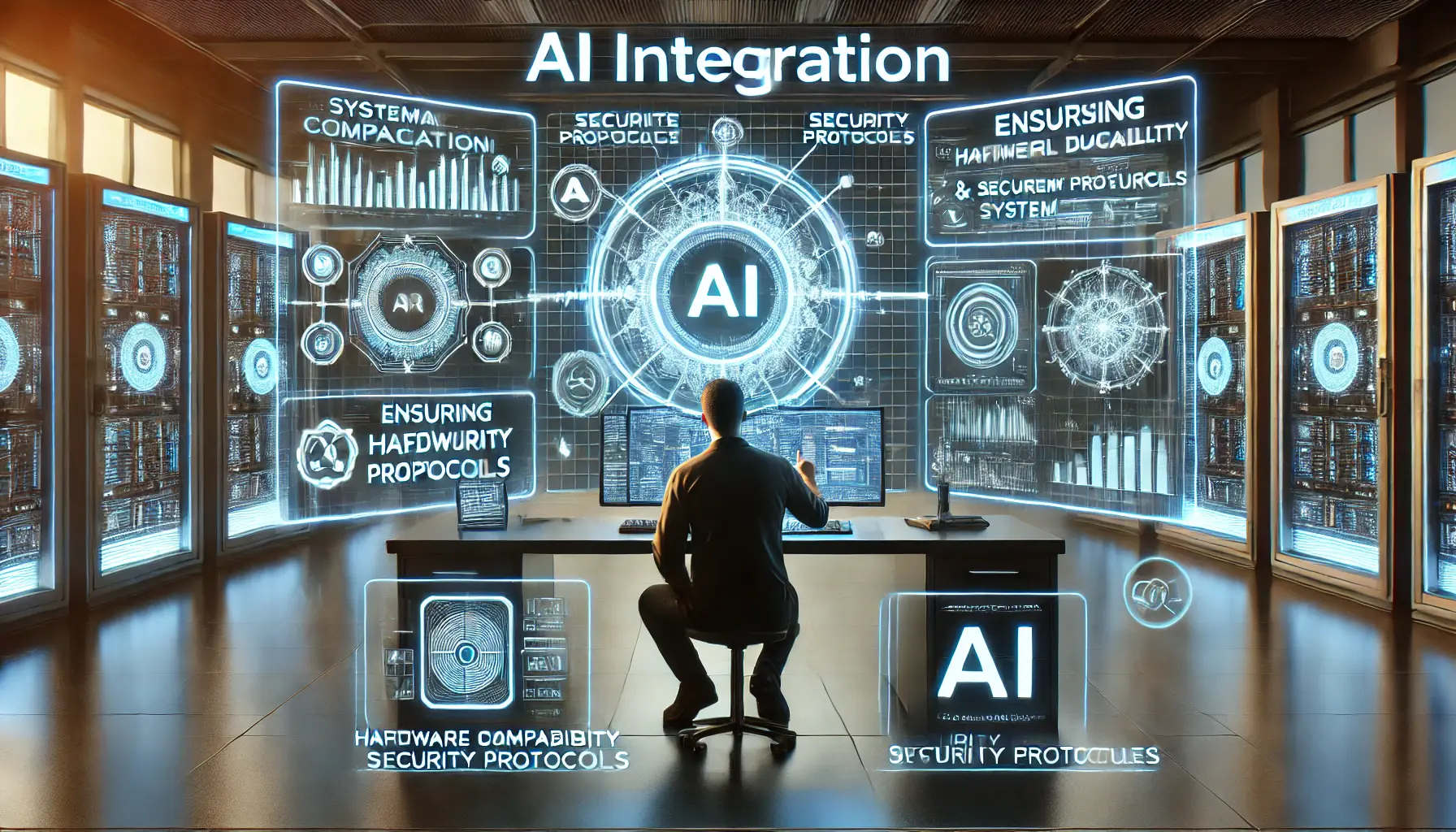 A futuristic AI integration setup featuring a developer configuring an AI system with digital screens displaying system diagnostics, security protocols, and AI performance metrics.