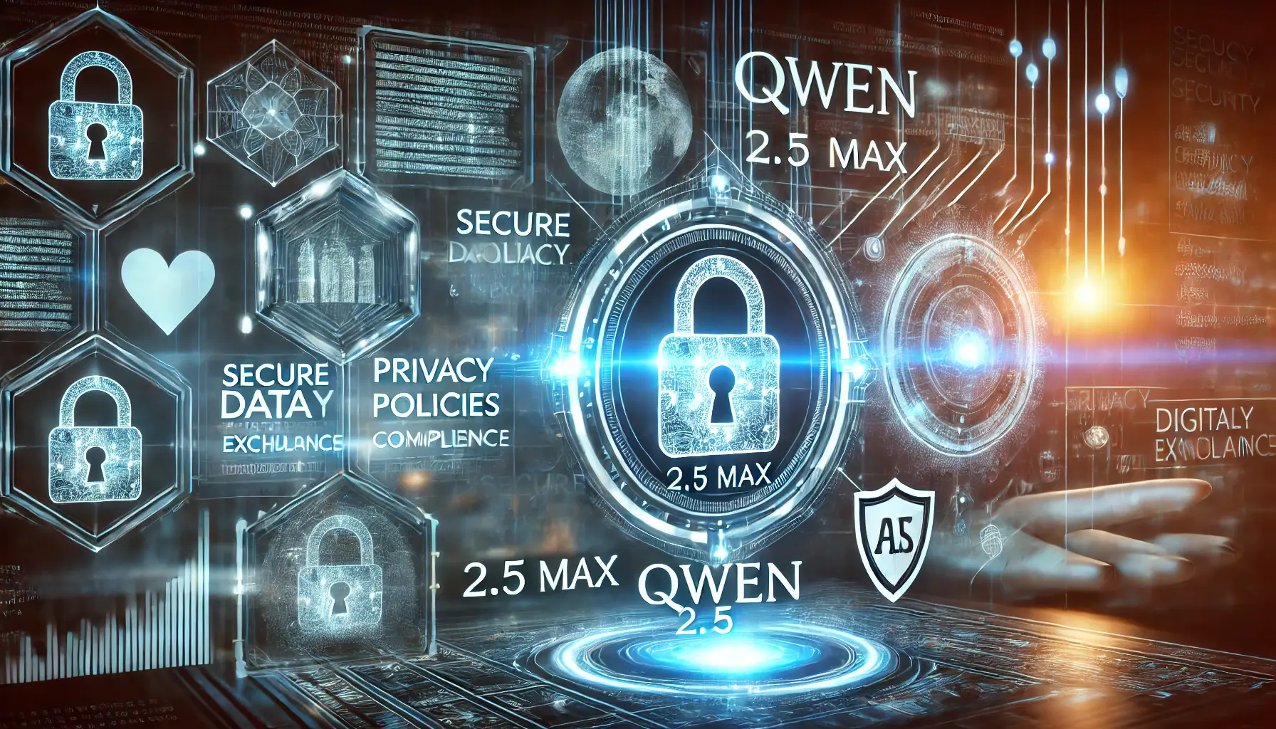 A high-tech digital representation of privacy policies and compliance, featuring a glowing lock, encryption algorithms, and regulatory standards.