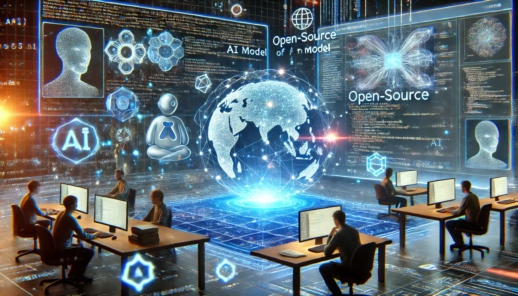 A high-tech digital environment showcasing developers collaborating on AI code and open-source contributions, with holographic projections of AI models.