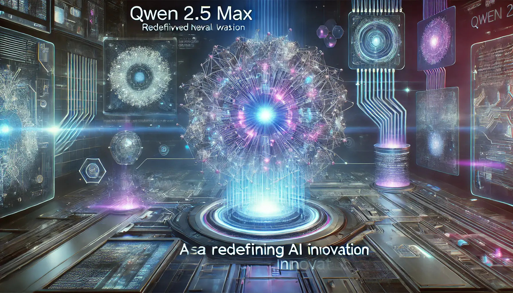 A high-tech digital environment showcasing Qwen 2.5 Max as a powerful AI innovation with glowing core and interconnected neural networks.