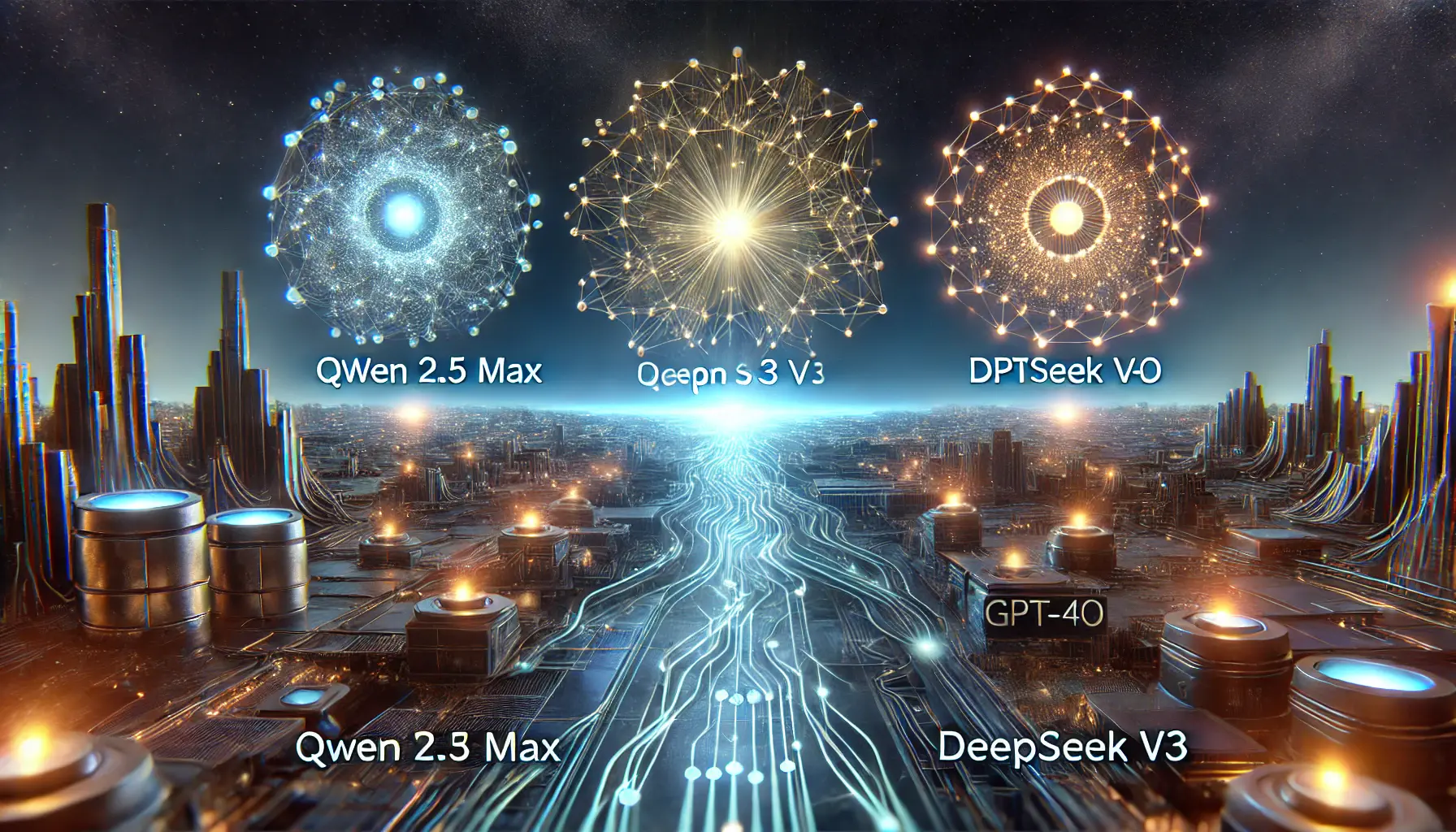 A digital representation comparing Qwen 2.5 Max, DeepSeek V3, and GPT-4o, with glowing neural network nodes interconnected by data streams.