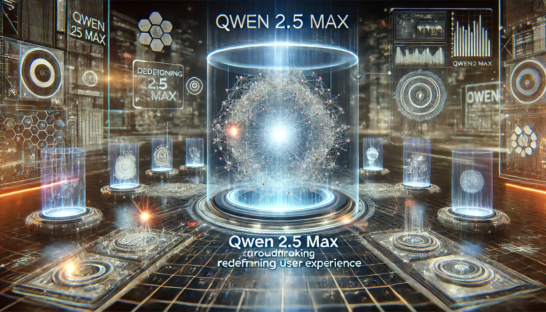 A digital representation of Qwen 2.5 Max transforming user experience, with a glowing AI core and interactive holographic interfaces.