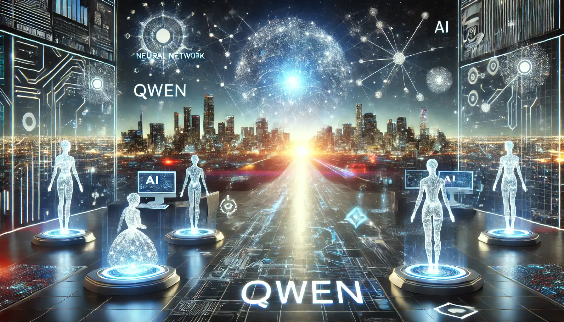 A futuristic digital landscape illustrating Qwen leading the path to the future of AI. The image features a glowing AI-powered city in the distance, with Qwen's neural network represented as a vast web of data streams connecting the city. Holographic AI models and advanced robotics show Qwen's impact on the world of tomorrow.