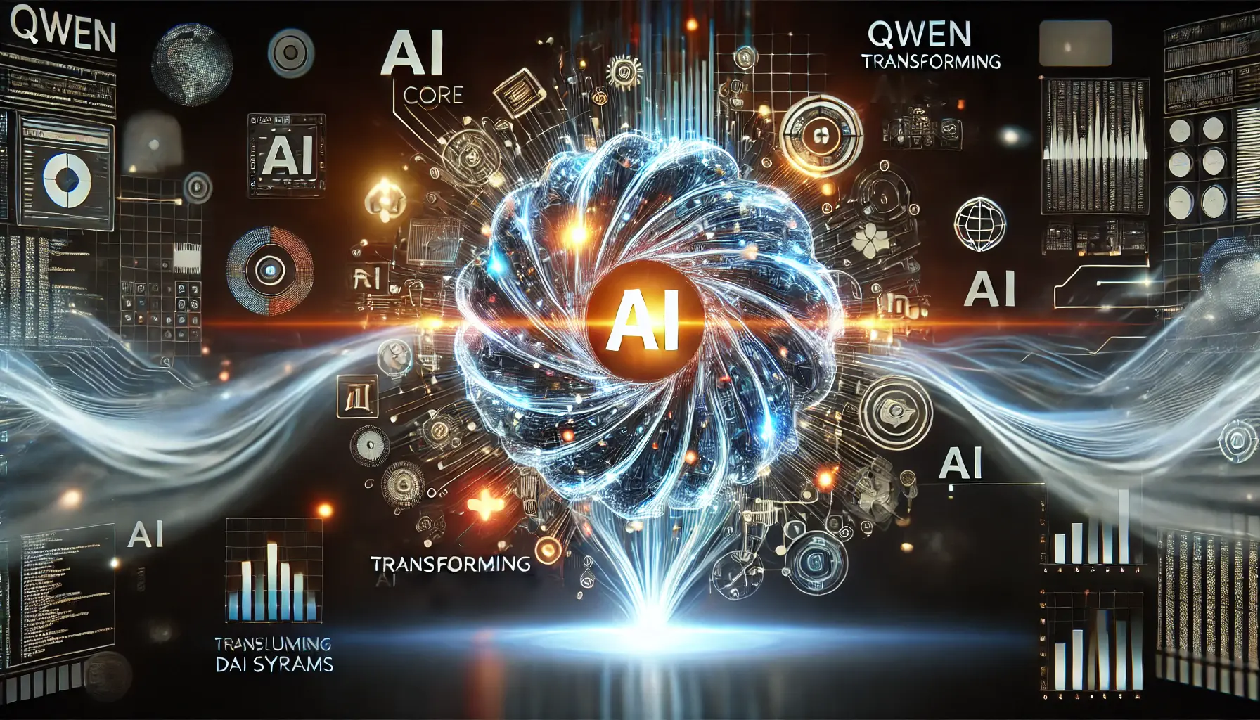 A digital representation of Qwen transforming AI capabilities with a dynamic AI core processing text, image, and audio data streams.