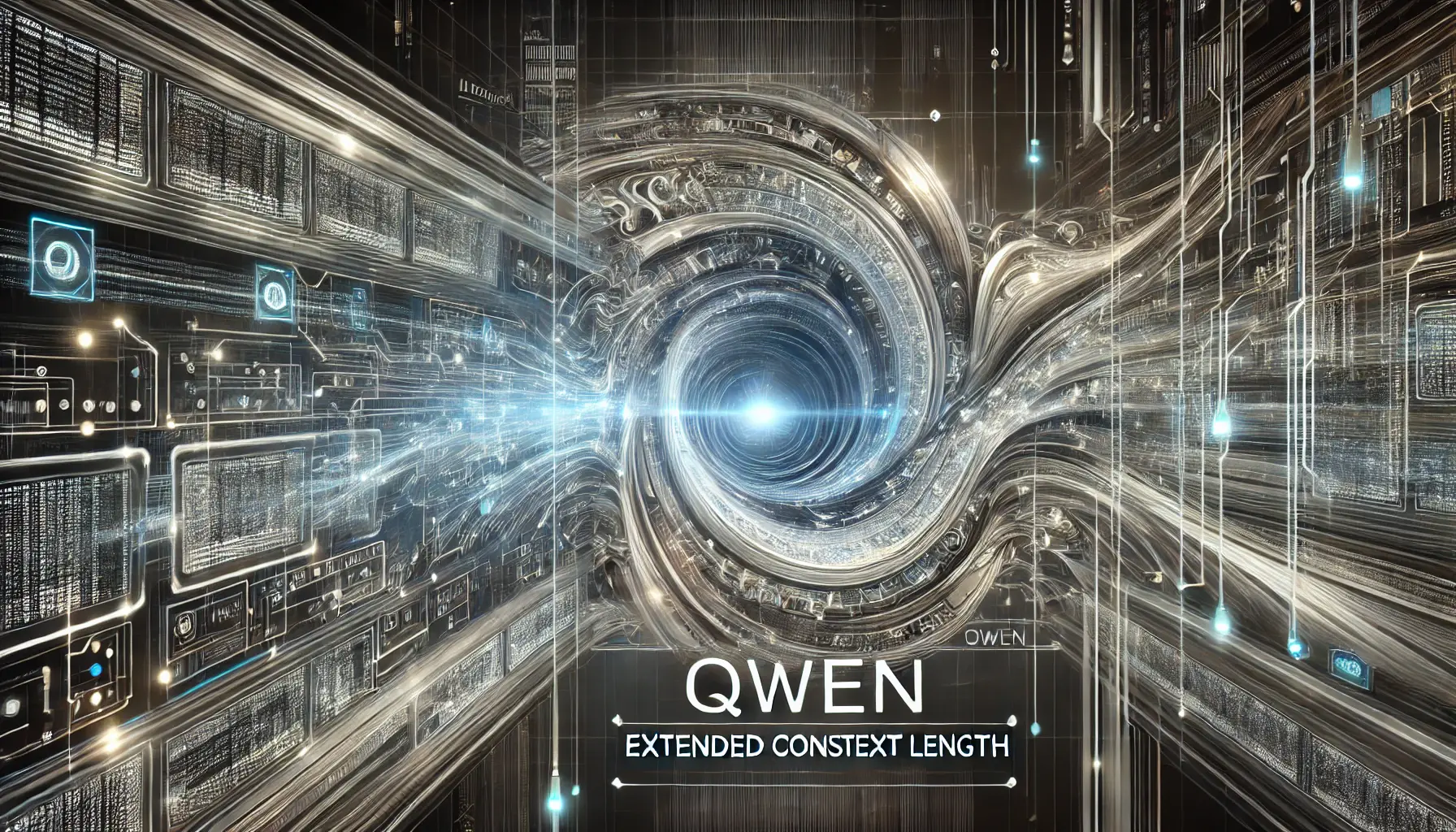 A digital representation of Qwen's extended context length, showcasing large data streams flowing through a glowing context window.