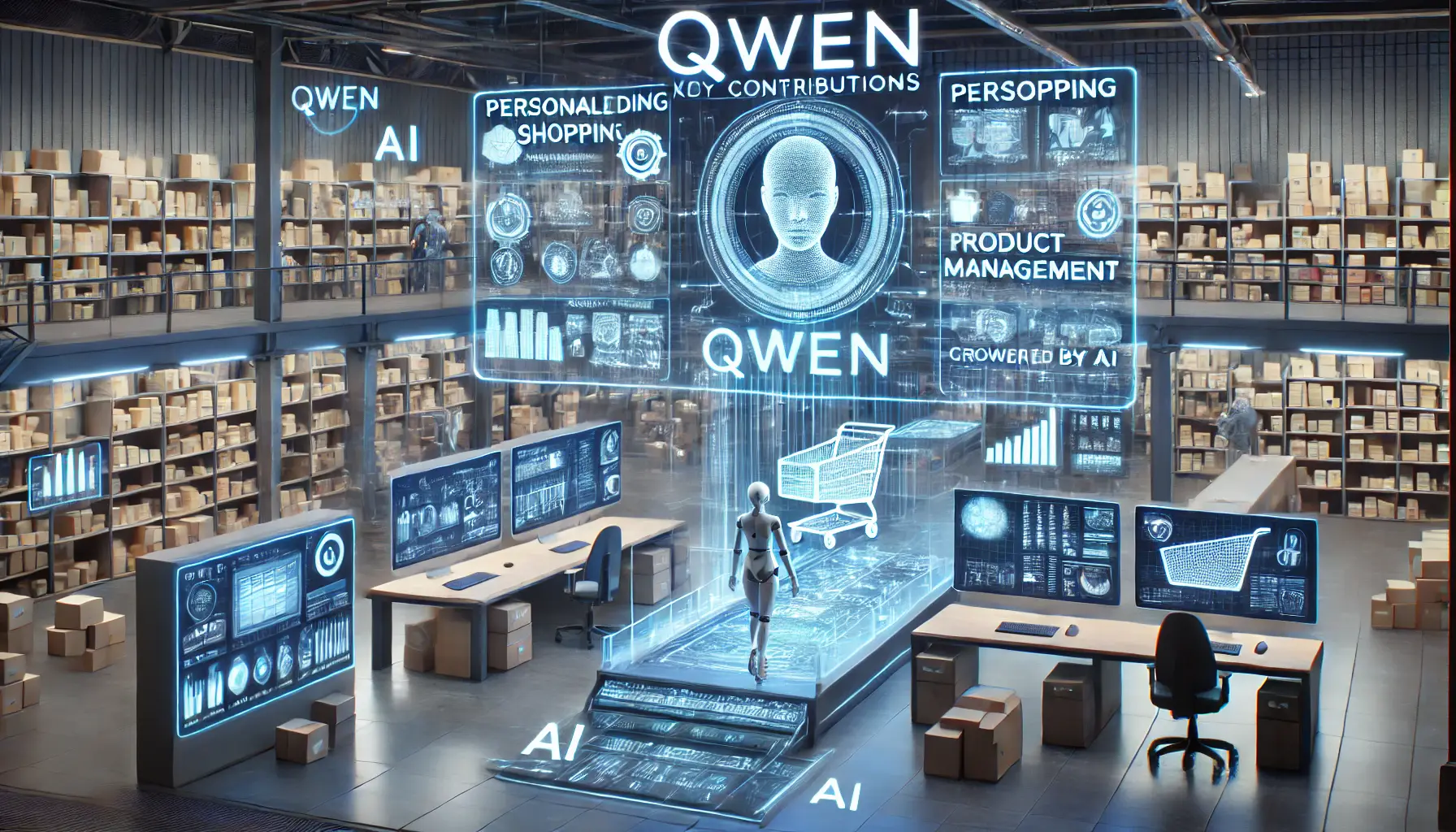 A high-tech e-commerce environment powered by Qwen, showcasing AI-driven personalized shopping experiences, inventory management, and customer support.