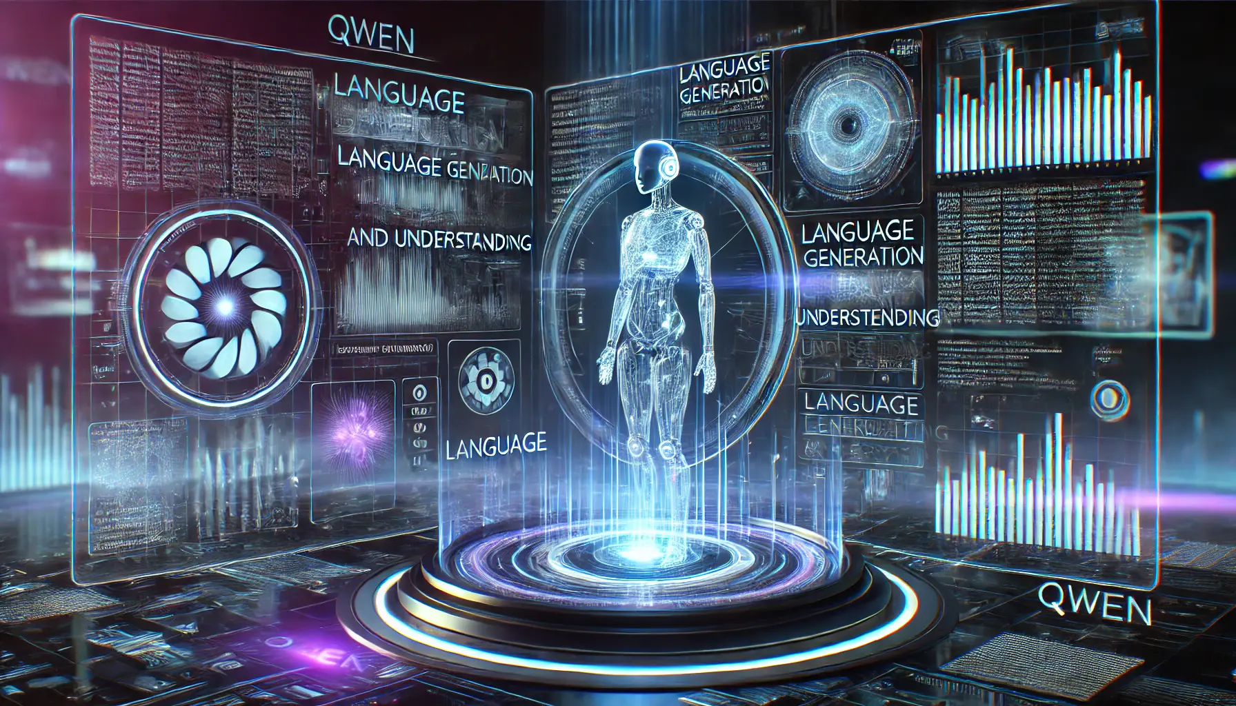 Futuristic digital interface showcasing Qwen’s language generation and understanding capabilities, with holographic data and neural networks processing complex language inputs.