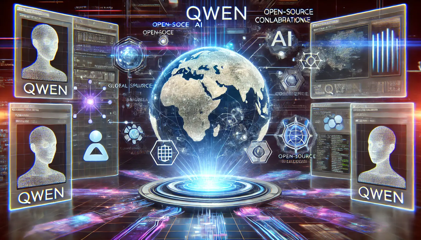 Futuristic digital environment showcasing Qwen’s open-source contributions to the AI community, with data streams connecting AI developers worldwide.