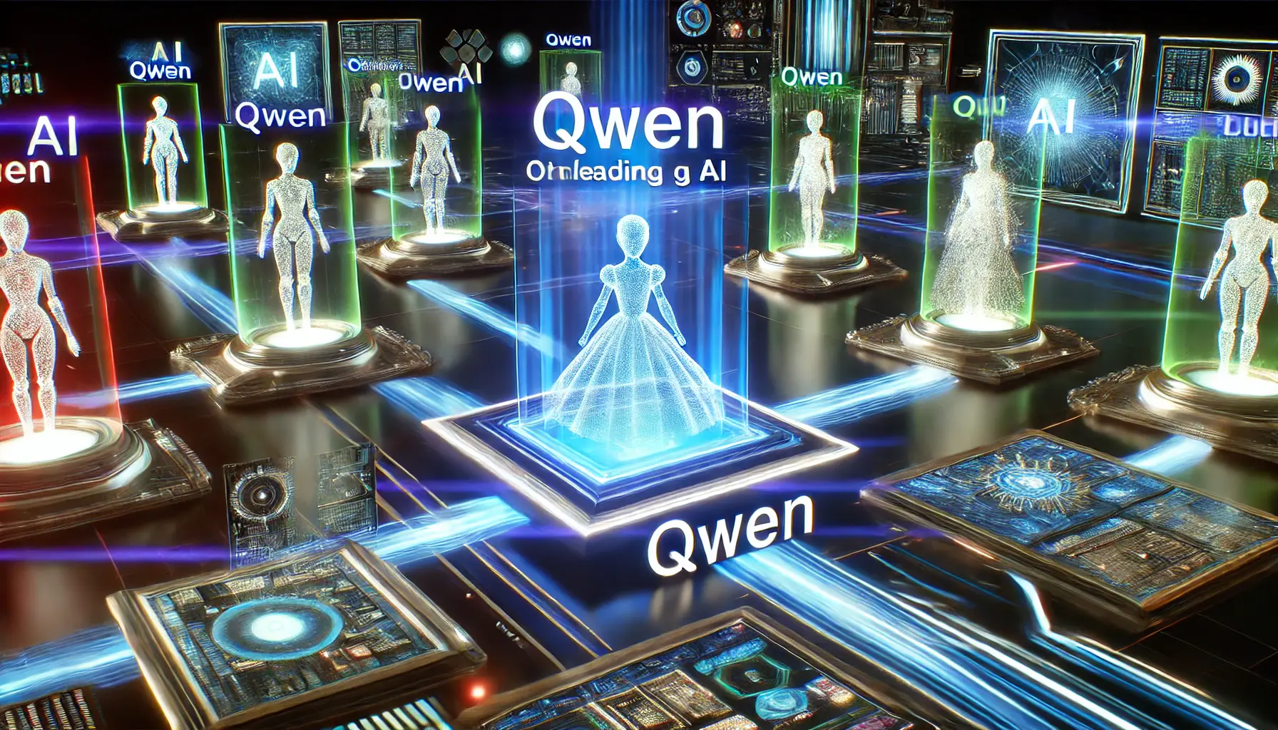 Futuristic AI battlefield with holographic representations of competing AI models, highlighting Qwen as a dominant force in the AI industry.