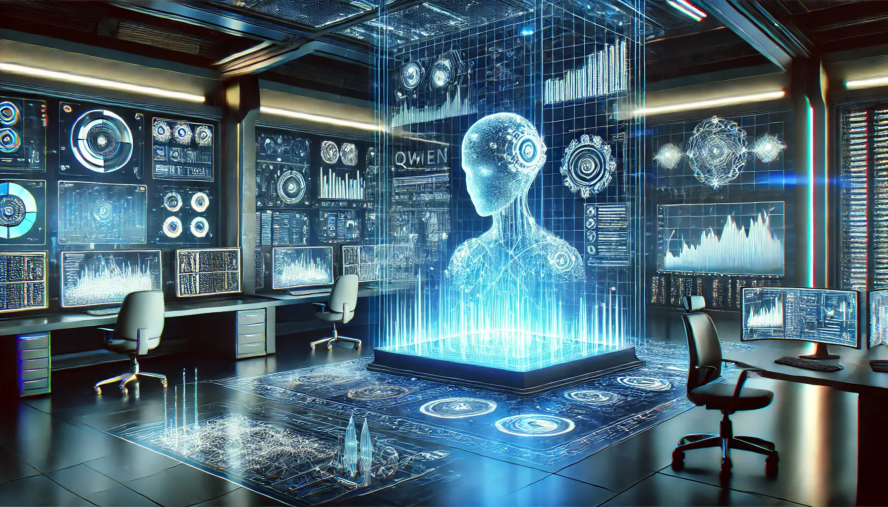 A futuristic data analysis control room where Qwen, depicted as a glowing neural network, is revolutionizing data processing with real-time insights and data visualization.