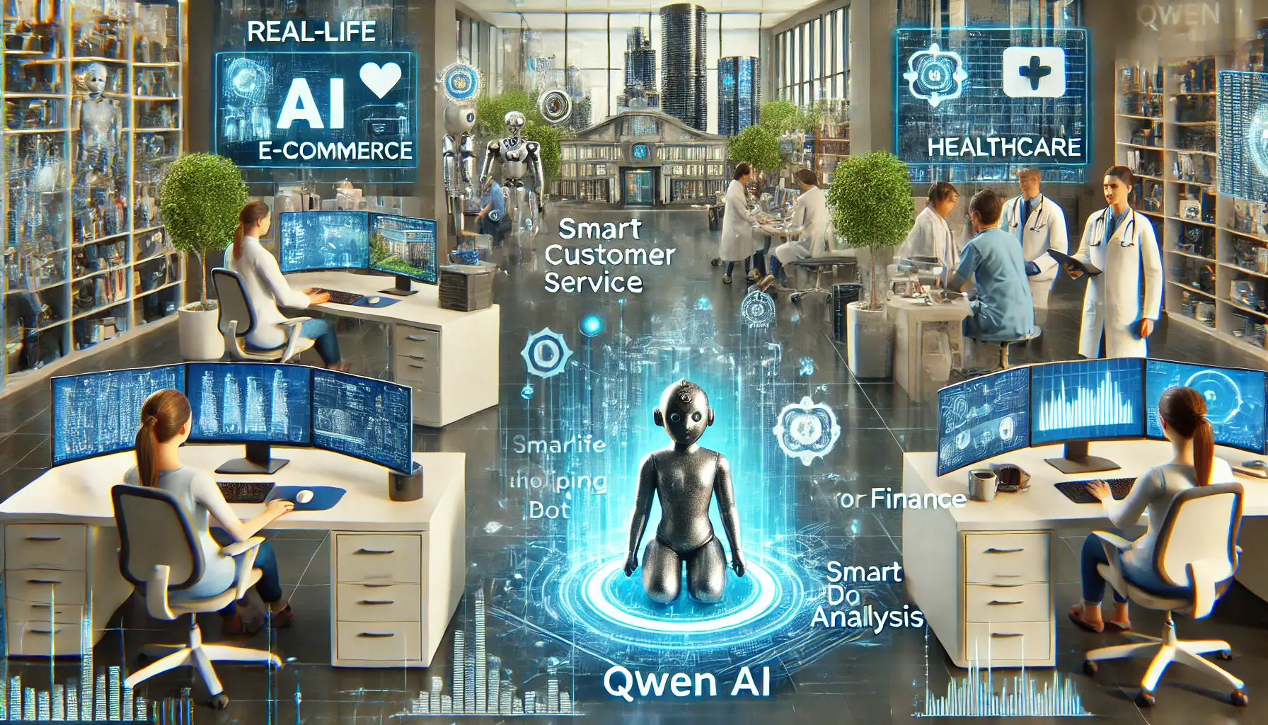 A futuristic workspace showcasing the real-life usage of Qwen AI in industries such as e-commerce, healthcare, and finance. The scene includes AI-driven applications like smart customer service bots in a retail setting, AI assisting doctors in diagnostics in a healthcare facility, and AI being used for market analysis in a finance office.