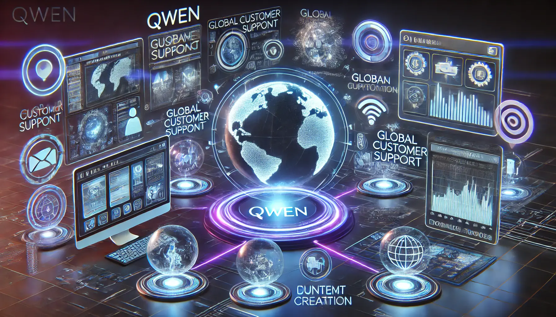 Futuristic digital environment showcasing real-world applications of Qwen in global customer support, content creation, and educational tools.