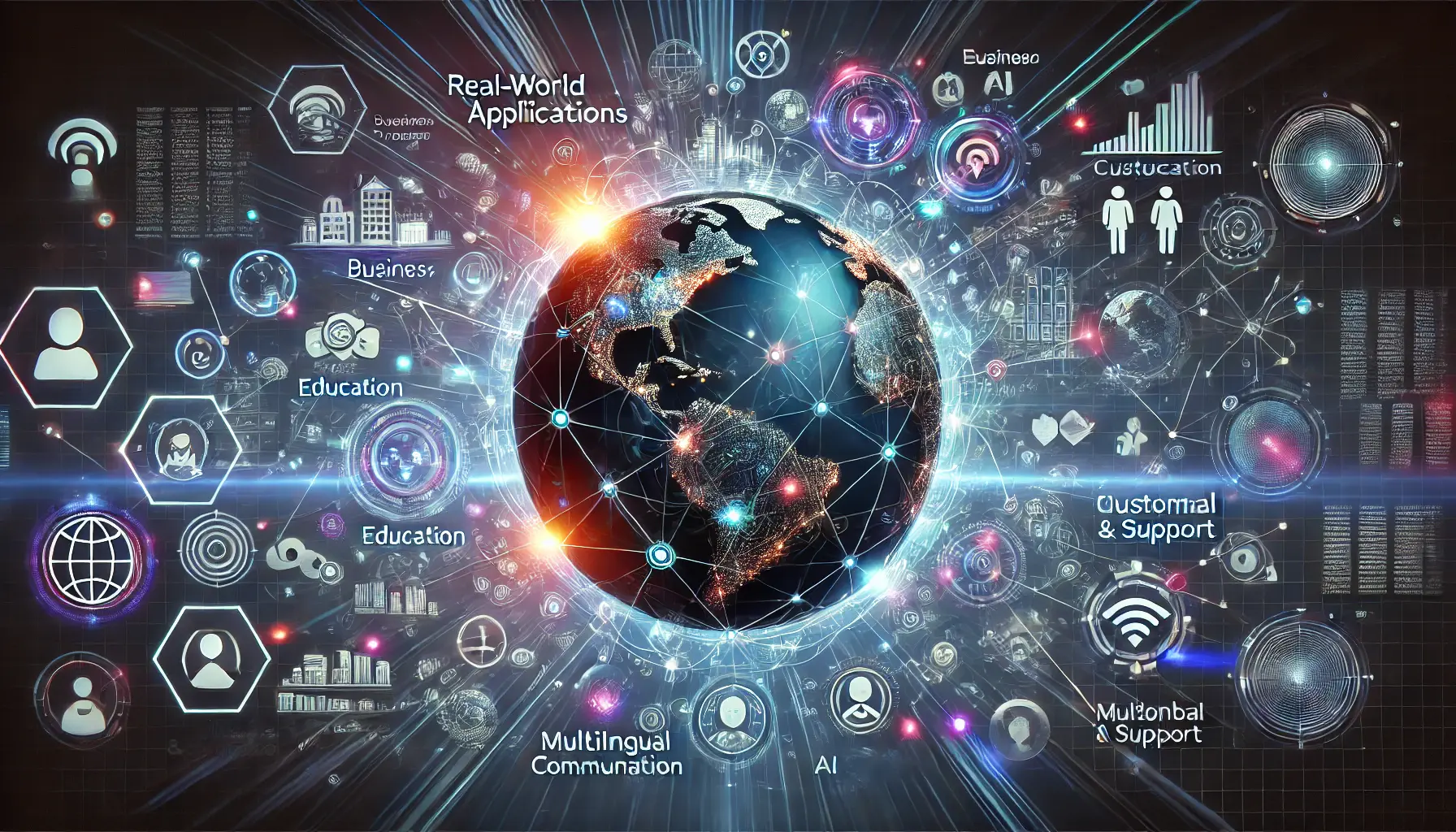 A globe with interconnected cities representing various industries like business, education, and customer support, all facilitated by multilingual AI. Glowing data streams flow between these cities, symbolizing seamless communication in multiple languages.