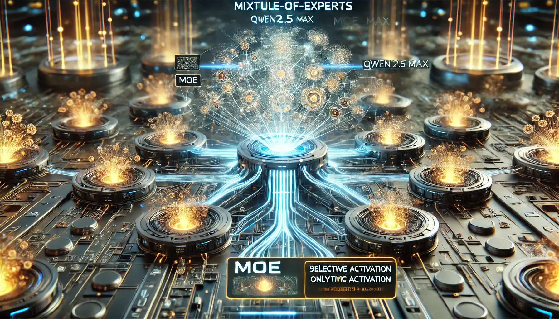 A digital visualization showcasing the design of the Mixture-of-Experts (MoE) in Qwen 2.5 Max, with selective activation of expert models and dynamic energy pathways.